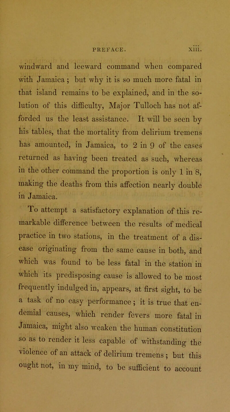 windward and leeward command when compared with Jamaica ; but why it is so much more fatal in that island remains to be explained, and in the so- lution of this difficulty, Major Tulloch has not af- forded us the least assistance. It will be seen by his tables, that the mortality from delirium tremens has amounted, in Jamaica, to 2 in 9 of the cases returned as having been treated as such, whereas in the other command the proportion is only 1 in 8, making the deaths from this affection nearly double in Jamaica, To attempt a satisfactory explanation of this re- markable difference between the results of medical practice in two stations, in the treatment of a dis- ease originating from the same cause in both, and which was found to be less fatal in the station in which its predisposing cause is allowed to be most frequently indulged in, appears, at first sight, to be a task of no easy performance; it is true that en- demial causes, which render fevers more fatal in Jamaica, might also weaken the human constitution so as to render it less capable of withstanding the violence of an attack of delirium tremens ; but this ought not, in my mind, to be sufficient to account