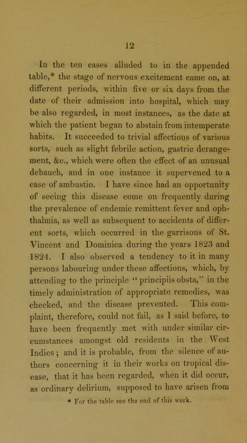 In the ten cases alluded to in the appended table,* the stage of nervous excitement came on, at different periods, within five or six days from the date of their admission into hospital, which may be also regarded, in most instances, as the date at which the patient began to abstain from intemperate habits. It succeeded to trivial affections of various sorts, such as slight febrile action, gastric derange- ment, &c., which were often the effect of an unusual debauch, and in one instance it supervened to a case of ambustio. I have since had an opportunity of seeing this disease come on frequently during the prevalence of endemic remittent fever and oph- thalmia, as well as subsequent to accidents of differ- ent sorts, which occurred in the garrisons of St. Vincent and Dominica during the years 1823 and 1824. I also observed a tendency to it in many persons labouring under these affections, which, by attending to the principle “ principiis obsta,” in the timely administration of appropriate remedies, was checked, and the disease prevented. This com- plaint, therefore, could not fail, as I said before, to have been frequently met with under similar cir- cumstances amongst old residents in the West Indies ; and it is probable, from the silence of au- thors concerning it in their works on tropical dis- ease, that it has been regarded, when it did occur, as ordinary delirium, supposed to have aiusen from * For the table sec the end of this work.