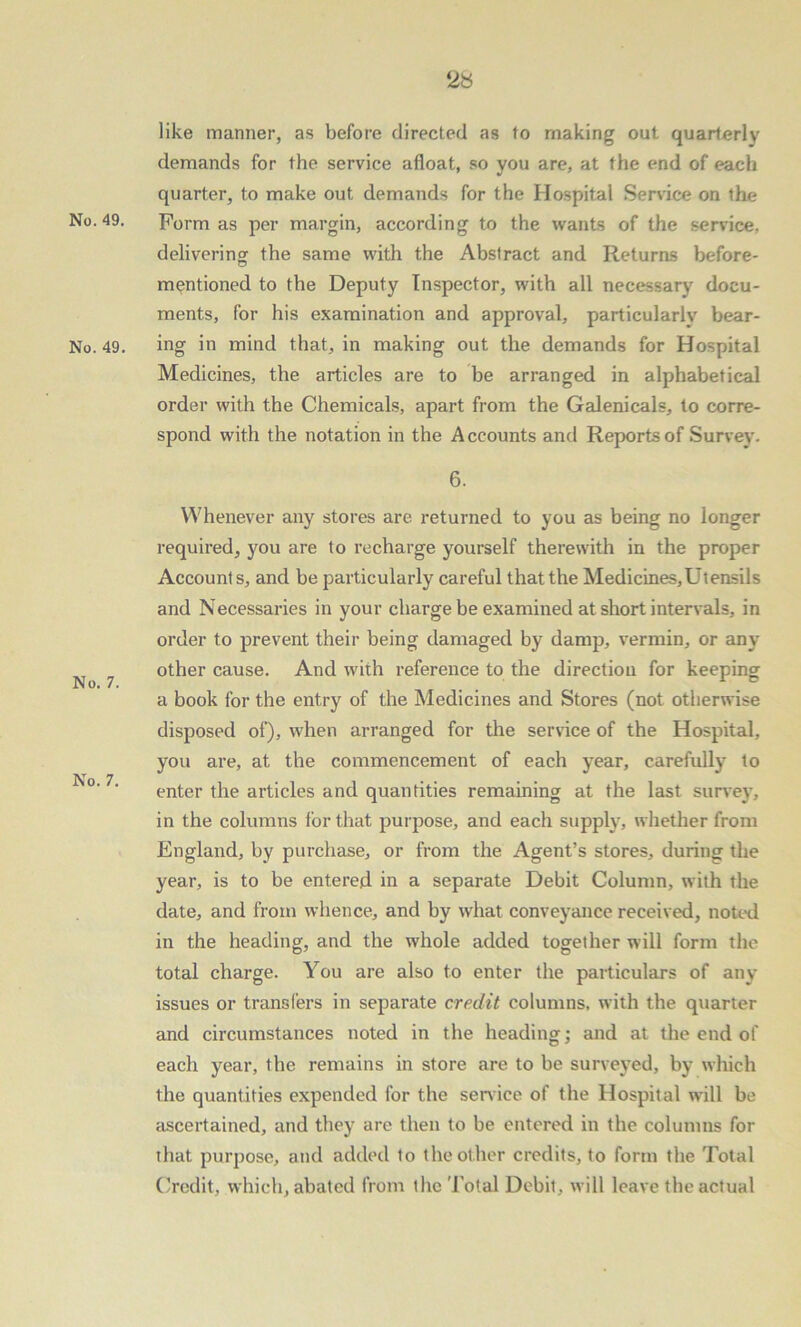 No. 49. No. 49. No. 7. No. 7. like manner, as before directed as to making out quarterly demands for the service afloat, so you are, at the end of each quarter, to make out demands for the Hospital Service on the Form as per margin, according to the wants of the service, delivering the same with the Abstract and Returns before- mentioned to the Deputy Inspector, with all necessary docu- ments, for his examination and approval, particularly bear- ing in mind that, in making out the demands for Hospital Medicines, the articles are to be arranged in alphabetical order with the Chemicals, apart from the Galenicals, to corre- spond with the notation in the Accounts and Reports of Survey. 6. Whenever any stores are returned to you as being no longer required, you are to recharge yourself therewith in the proper Accounts, and be particularly careful that the Medicines,Utensils and Necessaries in your charge be examined at short intervals, in order to prevent their being damaged by damp, vermin, or any other cause. And with reference to the direction for keeping a book for the entry of the Medicines and Stores (not otherwise disposed of), when arranged for the service of the Hospital, you are, at the commencement of each year, carefully to enter the articles and quantities remaining at the last survey, in the columns for that purpose, and each supply, whether from England, by purchase, or from the Agent’s stores, during the year, is to be entered in a separate Debit Column, with the date, and from whence, and by what conveyance received, noted in the heading, and the whole added together will form the total charge. You are also to enter the particulars of any issues or transfers in separate credit columns, with the quarter and circumstances noted in the heading; and at the end of each year, the remains in store are to be surveyed, by which the quantities expended for the sendee of the Hospital will be ascertained, and they are then to be entered in the columns for that purpose, and added to the other credits, to form the Total Credit, which, abated from the Total Debit, will leave the actual