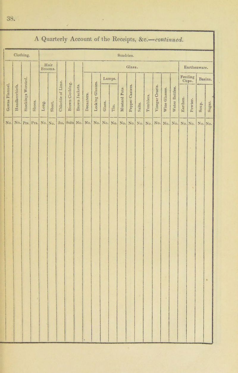 Gowns Flannel. 38. Clothing. No. No. Prs. Prs, Sundries. Hair Brooms. No. lbs. Suils No. Glass. No, No. Lamps. No. O No Earthenware. Feeding Cups. Basins. bp a EC