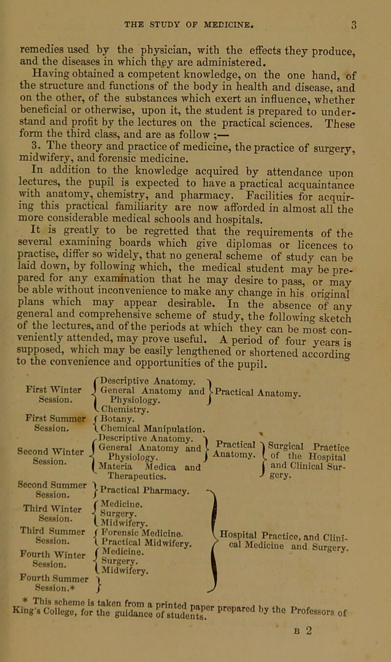 remedies used by the physician, with the effects they produce, and the diseases in which they are administered. Having obtained a competent knowledge, on the one hand, of the structure and functions of the body in health and disease, and on the other, of the substances which exert an influence, whether beneficial or otherwise, upon it, the student is prepared to under- stand and profit by the lectures on the practical sciences. These form the third class, and are as follow ;— 3. The theory and practice of medicine, the practice of surgery, midwifery, and forensic medicine. In addition to the knowledge acquired by attendance upon lectures, the pupil is expected to have a practical acquaintance with anatomy, chemistry, and pharmacy. Facilities for acquir- ing this practical familiarity are now afforded in almost all the more considerable medical schools and hospitals. It is greatly to be regretted that the requirements of the several examining boards which give diplomas or licences to practise, differ so widely, that no general scheme of study can be laid down, by following which, the medical student may be pre- pared for any examination that he may desire to pass, or may be able without inconvenience to make any change in his original plans which may appear desirable. In the absence of any general and comprehensive scheme of study, the following sketch of the lectures, and of the periods at which they can be most con- veniently attended, may prove useful. A period of four years is supposed, which may be easily lengthened or shortened according to the convenience and opportunities of the pupil. General Anatomy and 1 Practical Y Surgical Practice J Anatomy, f of the Hospital and /'Descriptive Anatomy. 1 General Anatomy and 5-Practical Anatomv. j Physiology. J J v. Chemistry. ( Botany. \ Chemical Manipulation. ,Descriptive Anatomy. I General Ana Y Physiology ^Materia Medica Therapeutics. J- Practical Pharmacy. ( Medicine. -j Surgery. (.Midwifery. / Forensic Medicine. I Practical Midwifery f Medicine. -j Surgery. (. Midwifery. First Winter Session. First Summer Session. Second Winter Session. Second Summer Session. Third Winter Session. Third Summer Session. Fourth Winter Session. Fourth Summer Session.* Etss: msssr r,‘vmi •” “* p'—» .< /and Clinical Sur- gery. ^Hospital Practice, and Clini- cal Medicine and Surgery. B 2