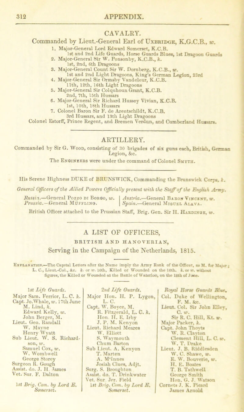 CAVALRY. Commanded by Lient.-General Earl of Uxbbidge, K.G.C.B., ic. 1. Major-General Lord Edward Somerset, K.C.B. 1st and 2nd Life Guards, Horse Guards Blues, 1st Dragoon Guards 2. Major-General Sir W. Ponsonby, K.C.B., h. 1st, 2nd, 6th Dragoons 3. Major-General Count Sir W. Domberg, K.C.B., tc. 1st and 2nd Light Dragoons, King’s German Legion, 23rd 4. Major-General Sir Ormsby Vandeleur, K.C.B. 11th, 12th, 16th Light Dragoons 5. Major-General Sir Colquhoun Grant, K.C.B. 2nd, 7th, 15th Hussars 6. Major-General Sir Richard Hussey Vivian, K.C.B. 1st, 10th, 18th Hussars 7. Colonel Baron Sir F. de Arentschildt, K.C.B. 3rd Hussars, and 13th Light Dragoons Colonel Estorff, Prince Regent, and Bremen Verdun, and Cumberland Hussars. ARTILLERY. Commanded by Sir G. Wood, consisting of 30 brigades of six guns each, British, German Legion, &c. The Engineers were under the command of Colonel Smtth. His Serene Highness DUKE of BRUNSWICK, Commanding the Brunswick Corps, k. General Officers of the Allied Powers Officially present with the Staff of the English Army. Russia.—General Pozzo di Borgo, w. I Austria.—General Baron Vincent, tr. Prussia.—General Muffling. | STpain.—General Miouel Alava. British Officer attached to the Prussian Staff, Brig. Gen. Sir H. Hardixge, w. A LIST OF OFFICERS, BRITISH AND HANOVERIAN, Serving in the Campaign of the Netherlands, 1815. Explanation.—The Capital Letters after the Name imply the Army Rank of the Officer, as M. for Major; L. C., Licut.-Col., &c. k. or tr. lGth, Killed or Wounded on the 16th. k. or tr. without figures, the Killed or Wounded at the Battle of Waterloo, on the 18th of June. 1st Life Guards. Major Sam. Ferrior, L. C. k. Capt. Jo.Whale, w. 17th June M. Lind, h. Edward Kelly, w. John Berger, M. Lieut. Geo. Randall W. Mayne Henry Wyatt Sub Lieut. W. S. Richard- son, w. Samuel Cox, w. W. Wombwell George Storey Surgeon R. Gough Assist, do. J. II lames Vet. Sur. F. Dalton lit Brig. Com. by Lord E. Somerset. 2nd Life Guards. Major Hon. II. P. Lvgon, L. C. Capt. W. Boyce, M. R. Fitzgerald, L. C. k. lion II. E. Irby J. P. M. Kenyon Lieut. Richard Mcares W. Elliott S. Wavmouth Chum Barton Sub Lieut. A. Kenyon T. Marten A. M‘Innes Josiah Clues, Adjt. Sur^. S. Broughton Assist, do. T. Drinkwater Vet. Sur. Jer. Field lit Brig. Coot, by Lord E. Somerset. Royal Horse Guards Blue, Col. Duke of Wellington, F. M. fee. Lieut. Col. Sir John Elley, C. tr. Sir R. C. Hill, Kt, tr. Major Packer, k. Capt. John Thoyts W. R. Clayton Clement Hill, L. C. tr. W. T. Drake Lieut. J. B. Riddlesden W. C. Sliawc, »r. E. W. Bouverie, tr. H. E. Boates T. B. Tathwell George Smith Hon. G. J. Watson Cornets J. K. Picard James Arnold