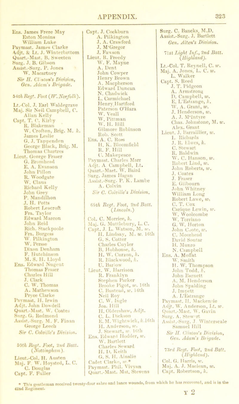 Eiis. James Frere May Eaton Monins William Luke Paymast. James Clarke Adjt. & Lt. J. Winterbottom Quart.-Mast. B. Sweeten Surg. J. B. Gibson Assist.-Surg. P. Jones W. Macartney Sir H. Clinton's Division, Oen. Adam's Brigade. bith Reg*. Foot (W.Norfolk'). Lt.-Col. J. Earl Waldegrave Maj. Sir Neil Campbell, C. Allan Kelly Capt. T. C. Kirby R. Blakeman W. Crofton, Brig. M. It. James Leslie G. J. Tappenden George Black, Brig. M. Thomas Chartres Lieut. George Fraser G. Bromhead E. A. Evanson John Pillon R. Wood gate W. Claus Richard Kelly John Grey P. Mandilhon J. H. Potts Robert Leacroft Fra. Taylor Eil ward Marcon John Reid Rich. Stackpoole Fra. Burgess W Pilkington W. Persse Dixon Denham F. Hutchinson M. S. II. Lloyd Ens. Edward Nugent Thomas Fraser Charles Hill J. Clark C. W. Thomas A. Mathew son Prvce Clarke Pavmast. II. Irwin Adjt. John Dowdell Quart.-Mast. W. Coates Surg. G. Redmond Assist.-Surg. M. F. Finan George Leech Sir C. Colville's Division. both Regt. Foot, 2nd Batt. (Nottingham). Lieut.-Col. H. Austen Maj. F. W. Hoysted, L. C. C. Douglas Capt. F. Fuller Capt. J. Cockburn A. Pilkington J. A. Crawford J. M4Gregor J. Fawson Lieut. K. Preedy W. F. Mayne A. Dent John Cowper Henry Brown A. Macpherson Edward Duncan N. Chadwick L. Carmichael Henry Hartford Paterson O’Hara W. Veall W. Pittman W. H. Hill Gilmore Robinson Rob. Scott Ens. A. C. Ross H. K. Bloomfield R. F. Hill C. Makepeace Paymast. Charles Marr Adjt. A Campbell, Lt. Quart.-Mast. W. Baird Surg. James Hagan Assist.-Surg. P. K. Lambe A. Colvin Sir C. Colville's Division. 6cJth Regf. Foot, 2nd Batt. (Lincoln.) Col. C. Morrice, It. Maj. G. Muttlebury, L. C. Capt. J. L. Watson, M. v\ II. Lindsay, M. w. 16th G. S. Cotter Charles Cuvier B. Hobhouse, h. H. W. Curzon, h. R. Blackwood, It. U. Barlow Lieut. W. Harrison R. Franklyn Stephen Parker Brooke Pigot, w. 16th C. Bustead, w. 16th Neil Hoy C. W. Ingle Jos. Hill H. Oldershaw, Adjt. c. L. I Hckson E. M. Wight w ick, /r. 16th H. Anderson, w. J. Stewart, w 16th Ens. Edward I (odder, w. W. Bartlett Charles Seward II. I). Keith G. S. H. Ainslie Cadet Clarke, w * Paymast. Phil. Vivyan Quart.-Mast. Mat. Stevens Surg. C. Bancks, M.D. Assist.-Surg. J. Bartlett Gen. Alten's Division. 71st Light Inf., 2nd Batt. (Highland). Lt.-Col. T. Reynell, C. w. Maj. A. Jones, L. C. w. L. Walker Capt. S. Reed J. T. Pidgeon A. Armstrong D. Campbell, w. E. L’Estiange, lt. W. A. Grant, w. J. Henderson, w. A. J. MHntyre Chas. Johnstone, M. ic. Alex. Grant Lieut. J. Barraillier, w. L Richards J. R. Elwes, ft. C. Stewart R. Baldwin W. C. Hanson, zv. Robert Lind, w. John Roberts, w. J. Coates J. Fraser E. Gilbourn John Whitney William Long Robert Law e, w-. C. T. Cox Carique Lewin, w. W. Woolcombe W. Torriario G. W. Horton John Cuote, w. C. Moorhead David Sou tar II. Munro N. Campbell Ens. A. Moll at W. Smith II. W. Thompson John Todd, h. John Barnett A. M. Henderson John Spalding J. Impett A. L’Estrange Paymast. II. Mackenzie Adjt. W. Anderson, Lt. w. Quurt.-Mast. W. Gavin Surg. A. Stew rt. Assist.-Surg. J Winterscale Samuel Hill Sir II. Clinton's Division, Gen. Adam's Brigade. TArd Regt. Font, 2nd Batt. (Highland). Col. G. Harris, w. Maj. A. J. Mae lean, w. Capt. Robertson, It. * Th;g gentleman received twenty-four Kibre and lance wounds, from which he haa recovered, and io in the 4Snd Regiment.