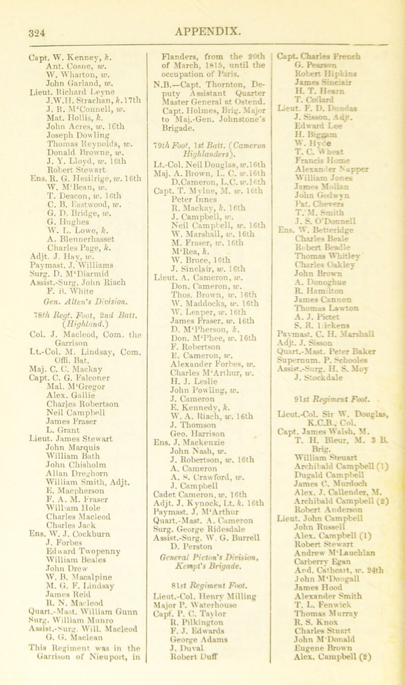 Capt. W. Kenney, k. Ant. Coane, tv. W. Wharton, tv. John Garland, tv. Lieut. Richard Leyne J.W.II. Strachan, ft. 17tl\ J. R. M‘Connell, tv. Mat. Hollis, /?. John Acres, tv. 16th Joseph Dowling Thomas Reynolds, tv. Donald Browne, w. J. Y. Lloyd, tv. ICth Robert Stewart Ens. R. G. Hesilrige, tv. lGth W. M'Bean, tv. T. Deacon, tv. 16th C. R. Eastwood, tv. G. D. Bridge, w. G. Hughes W. L. Lowe, h. A. Blennerhasset Charles Page, h. Adjt. J. Hay, tv. Paymast. J. Williams Surg. D. M‘Diarmid Assist.-Surg. John Riach F. B. White Gen. Allen's Division. 78Hi Rcrjt. Font, 2nd Balt. (Highland.) Col. J. Macleod, Com. the Garrison Lt.-Col. M. Lindsay, Com. Ofii. Bat. Maj. C. C. Mackay Capt. C. G. Falconer Mai. M‘Gregor Alex. Gallie Charles Robertson Neil Campbell James Fraser L. Grant Lieut. James Stewart John Marquis William Bath John Chisholm Allan Dreghorn William Smith, Adjt. E. Macpherson F. A. M. Fraser Will am Hole Charles Macleod Charles Jack Ens. W. J. Cockburn J. Forbes Edward Twopenny William Beales John Drew W. B. Macalpine M. G. F. Lindsay James Reid 11. N. Macleod Quart.-Mast. William Gunn Surg. William Munro Assist.-Surg Will. Macleod G. G. Maclean This Regiment was in the Garrison of Nieuport, in Flanders, from the 20th of March, 1815, until the occupation of Paris. N.B.—Capt. Thornton, De- uty Assistant Quarter I aster General at Ostend. Capt. Holmes, Brig. Major to Maj.-Gen. Johnstone's Brigade. 79th Foot, 1 st Bntt. (Cameron Highlanders). Lt.-Col. Neil Douglas, tr.l6tli Maj. A. Brown, L. C. ic. 16th D.Cameron, L.C. ir.P.th Capt. T. Mvlne, M. u\ 16th Peter Innes R. Mackay, h. ICth J. Campbell, w. Neil Campbell, tr. 16th W. Marshall, w. 16th M. Fraser, tv. 16th M‘Rea, k. W. Bruce, ICth J. Sinclair, tv. 1 Cth Lieut. A. Cameron, w. Don. Cameron, tv. Thos. Brown, tv. 16th W. Maddocks, tr. 16th AY. Leaper, tv. 16tli James Fraser, tv. 16th D. M‘Pherson, ft. Don. M‘Phee, tv. 16th F. Robertson E. Cameron, tr. Alexander Forbes, tv. Charles M‘Arthur, tr. H. J. Leslie John Fowling, tv. J. Cameron E. Kennedy, ft. W. A. Riach, tr. 16th J. Thomson Geo. Harrison Ens. J. Mackenzie John Nash, tr. J. Robertson, tr. 16th A. Cameron A. s. Crawford, tr. J. Campbell Cadet Cameron, tr. 16th Adjt. J. Kynock, Lt. k. 16tli Paymast. J. M'Arthur Quart.-Mast. A. Cameron Surg. George Ridesdale Assist.-Surg. W. G. Burrell D. Perston General Picton's Division, Kempt's Brigade. 8lst Regiment Foot. Lieut.-Col. Henry Milling Major P. Waterhouse Capf. P. C. Taylor It. Pilkington F. J. Edwards George Adams J. Duval Robert Duff Capt. Charles French G. Pearson Robert Hipkins James Sinclair H. T. Hearn T. Coi lard Lieut. F. I). Dundas J. Sisson. Adjt. Edward Lee H. Biggara W. Hyde T. C. heat Francis Home Alexan er Napper William Jones James Mo bn John Godwyn Pat. Cherers T. M. Smith J. S. O'Donnell Ens. W. Betreridge Charles Beale Robert Beadle Thomas Whitley Charles Oakley John Brown A. Donoghue R. Hamilton James Cannon Thomas Lawton A. J. Pictet S. R. 1 ickens Paymast. C. H. Marshall Adjt. J. Sisson Quart.-Mast. Peter Baker Supernum. P. Schooles Assist.-Surg. H. S. Moy J. Stockdale 91rf Regiment Foot. Lieut,-Col. Sir W. Douglas, K.C.B., Col. Capt. James Walsh. M. T. H. Bleur, M. 3 B. Brig. William Steuart Archibald Campbell (1) Pugald Campl*ell James 0. Murdoch Alex. J. Callender, M. Archibald Campbell (2) Robert Anderson Lieut. John Campbell John Russell Alex. Campbell (1) Robert Stewart Andrew MTauchlan Carberry Egan And. Catbcart. tr. 24th John M’Dongall James Hood Alexander Smith T. L. Fenwick Thomas Murray R. S. Knox Charles Stuart John M‘Donald Eugene Brown Alex. Campbell (2)