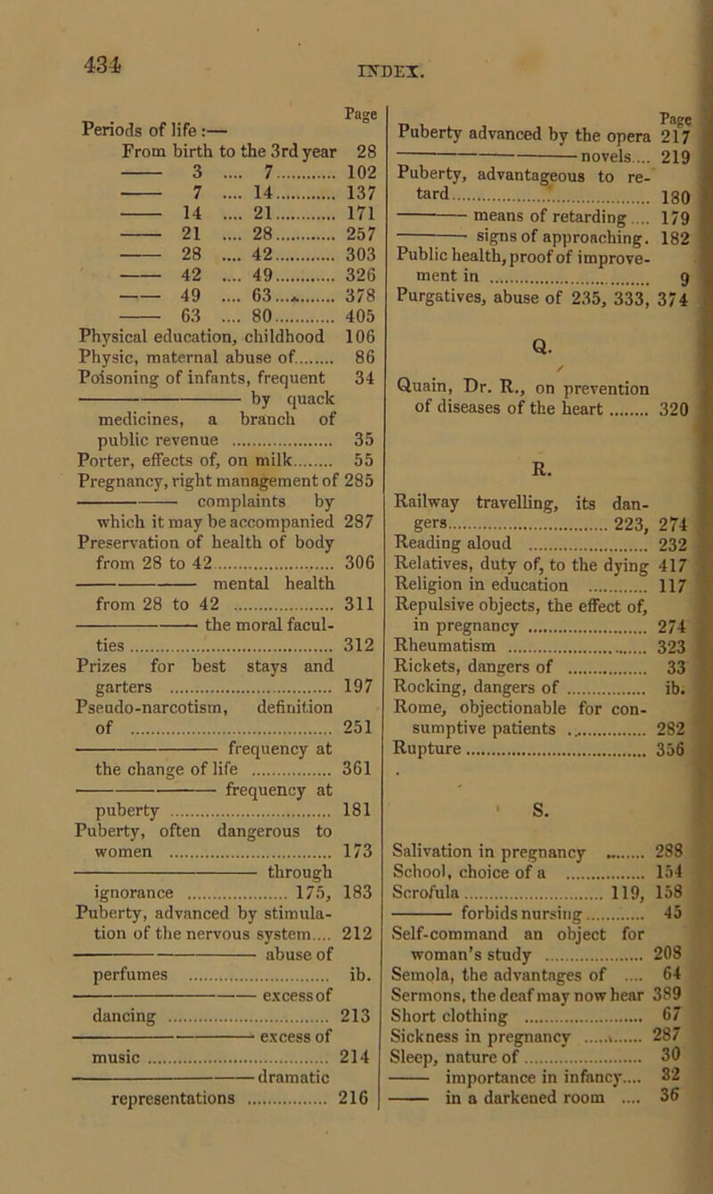 IXDl'.X. Periods of life :— From birth to the 3rd year 28 3 .... 7 102 7 .... 14 137 14 .... 21 171 21 .... 28 257 28 .... 42 303 42 .... 49 326 49 .... 63...* 378 63 .... 80 405 Physical education, childhood 106 Physic, maternal abuse of. 86 Poisoning of infants, frequent 34 by quack medicines, a branch of public revenue 35 Porter, effects of, on milk 55 Pregnancy, right management of 285 complaints by which it may be accompanied 287 Preservation of health of body from 28 to 42 306 mental health from 28 to 42 311 the moral facul- ties 312 Prizes for best stays and garters 197 Pseudo-narcotism, definition of 251 frequency at the change of life 361 • frequency at puberty 181 Puberty, often dangerous to women 173 through ignorance 175, 183 Puberty, advanced by stimula- tion of the nervous system.... 212 abuse of perfumes ib. excess of dancing 213 excess of music 214 dramatic representations 216 Puberty advanced by the opera 217 novels ... 219 Puberty, advantageous to re- tard 130 means of retarding .... 179 signs of approaching. 182 Public health, proof of improve- ment in 9 Purgatives, abuse of 235, 333, 374 Q. / Quain, Dr. R., on prevention of diseases of the heart 320 R. Railway travelling, its dan- gers 223, 274 Reading aloud 232 Relatives, duty of, to the dying 417 Religion in education 117 Repulsive objects, the effect of, in pregnancy 274 Rheumatism 323 Rickets, dangers of 33 Rocking, dangers of ib. Rome, objectionable for con- sumptive patients 282 Rupture 356 • S. Salivation in pregnancy 288 School, choice of a 154 Scrofula 119, 158 forbids nursing 45 Self-command an object for woman’s study 208 Semola, the advantages of .... 64 Sermons, the deaf may now hear 389 Short clothing 67 Sickness in pregnancy 287 Sleep, nature of 30 importance in infancy.... 32 in a darkened room .... 36