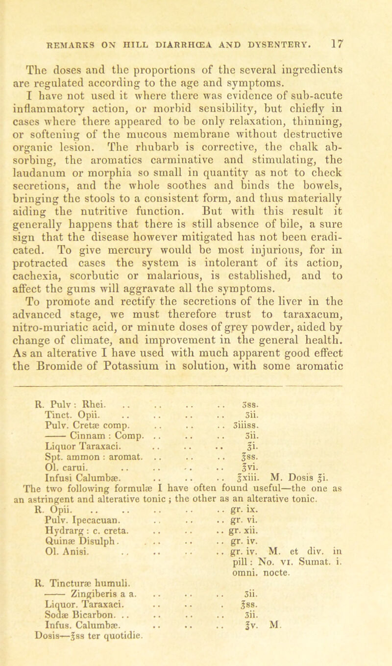 The doses and the proportions of the several ingredients are regulated according to the age and symptoms. I have not used it where there was evidence of sub-acute inflammatory action, or morbid sensibility, but chiefly in cases where there appeared to be only relaxation, thinning, or softening of the mucous membrane without destructive organic lesion. The rhubarb is corrective, the chalk ab- sorbing, the aromatics carminative and stimulating, the laudanum or morphia so small in quantity as not to check secretions, and the whole soothes and binds the bowels, bringing the stools to a consistent form, and thus materially aiding the nutritive function. But with this result it generally happens that there is still absence of bile, a sure sign that the disease however mitigated has not been eradi- cated. To give mercury would be most injurious, for in protracted cases the system is intolerant of its action, cachexia, scorbutic or malarious, is established, and to affect the gums will aggravate all the symptoms. To promote and rectify the secretions of the liver in the advanced stage, we must therefore trust to taraxacum, nitro-muriatic acid, or minute doses of grey powder, aided by change of climate, and improvement in the general health. As an alterative I have used with much apparent good effect the Bromide of Potassium in solution, with some aromatic Pulv : Rhei. . . 3ss. Tinct. Opii. . . 3ii. Pulv. Cretae comp. # , .. 3iiiss. Cinnam : Comp. .. . . 3ii. Liquor Taraxaci. . . Ii. Spt. ammon : aromat. .. . . gss. 01. carui. . . gvi. Infusi Calumbae. . . .. fxiii. M. Dosis fi. The two following formulae I have often found useful—the one as an astringent and alterative tonic; the other as an alterative tonic. R. Opii Pulv. Ipecacuan. Hydrarg: c. creta. Quinae Disulph. 01. Anisi. R. Tincturae humuli. Zingiberis a a. Liquor. Taraxaci. Sodae Bicarbon. .. Infus. Calumbae. Dosis—Jss ter quotidie. gr. ix. gr. vi. gr. xii. gr. iv. gr. iv. M. et div. in pill: No. vi. Sumat. i. omni. nocte. 3ii. .fss. 3ii. Jv. M.