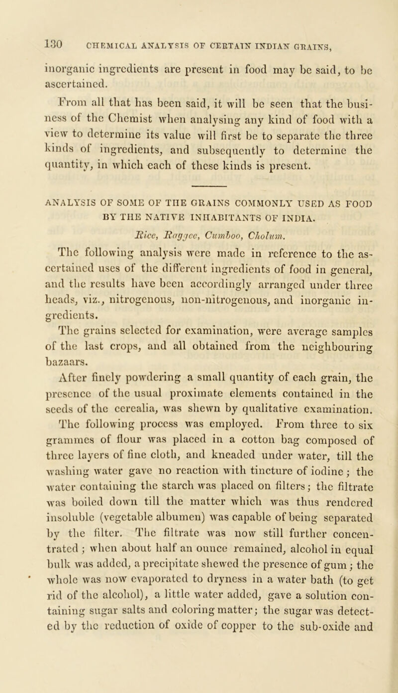 inorganic ingredients are present in food may be said, to be ascertained. From all that has been said, it will be seen that the busi- ness of the Chemist when analysing any kind of food with a view to determine its value will first be to separate the three kinds ol ingredients, and subsequently to determine the quantity, in which each of these kinds is present. ANALYSIS OF SOME OF THE GRAINS COMMONLY USED AS FOOD BY THE NATIVE INHABITANTS OF INDIA. Hice, Itaggce, Cumhoo, Cholum. The following analysis were made in reference to the as- certained uses of the different ingredients of food in general, and the results have been accordingly arranged under three heads, viz., nitrogenous, lion-nitrogenous, and inorganic in- gredients. The grains selected for examination, wrere average samples of the last crops, and all obtained from the neighbouring bazaars. After finely powdering a small quantity of each grain, the presence of the usual proximate elements contained in the seeds of the ccrealia, was shewn by qualitative examination. The following process was employed. From three to six grammes of flour was placed in a cotton bag composed of three layers of fine cloth, and kneaded under water, till the washing water gave no reaction with tincture of iodine; the water containing the starch was placed on filters; the filtrate was boiled down till the matter which was thus rendered insoluble (vegetable albumen) wras capable of being separated by the filter. The filtrate was now still further concen- trated ; when about half an ounce remained, alcohol in equal bulk was added, a precipitate shewed the presence of gum; the whole was now evaporated to dryness in a water bath (to get rid of the alcohol), a little water added, gave a solution con- taining sugar salts and coloring matter; the sugar was detect- ed by the reduction of oxide of copper to the sub-oxide and