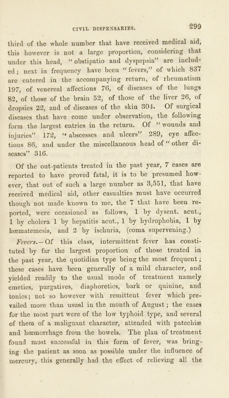 third of the whole number that have received medical aid, this however is not a large proportion, considering that under this head, “ obstipatio and dyspepsia” are includ- ed ; next in frequency have been “ fevers,” of which 837 are entered in the accompanying return, of rheumatism 197, of venereal affections 76, of diseases of the lungs 82, of those of the brain 52, of those of the liver 26, of dropsies 22, and of diseases of the skin 301. Of surgical diseases that have come under observation, the following form the largest entries in the return. Of “ wounds and injuries” 172, “ abscesses and ulcers” 289, eye affec- tions 86, and under the miscellaneous head of “ other di- seases” 316. Of the out-patients treated in the past year, 7 cases are reported to have proved fatal, it is to be presumed how- ever, that out of such a large number as 3,551, that have received medical aid, other casualties must have occurred though not made known to me, the 7 that have been re- ported, were occasioned as follows, 1 by dysent. acut., 1 by cholera 1 by hepatitis acut., 1 by hydrophobia, 1 by hoematemesis, and 2 by ischuria, (coma supervening.) Fevers.—Of this class, intermittent fever has consti- tuted by far the largest proportion of those treated in the past year, the quotidian type being the most frequent; these cases have been generally of a mild character, and yielded readily to the usual mode of treatment namely emetics, purgatives, diaphoretics, bark or quinine, and tonics; not so however with remittent fever which pre- vailed more than usual in the month of August; the cases for the most part were of the low typhoid type, and several of them of a malignant character, attended with patechiae and hoemorrhage from the bowels. The plan of treatment found most successful in this form of fever, was bring- ing the patient as soon as possible under the influence of mercury, this generally had the effect of relieving all the