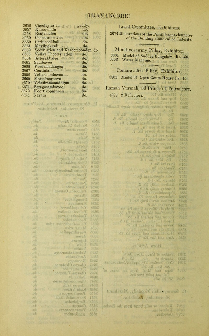 3056 Chootty arien paddy. 3657 Karoovindu do. 3658 Eanjakaden do. 3659 Coopasambavoo do. 3660 Carippookkali do. 3661 Mayilpokkali do. 3662 Sooty arien and Ivaroomoonden do. 3663 Vellay Chootty arien do. 3664 Sitterakkalee do. 3665 Sambavoo do. 3666 Veedemadangen do. 3667 Couttalam do. 366S Yellachambavoo do. 3669 Mottakooroova do. c670 V elasiramoondugun do. 3671 Seragasambavoo do. 3672 Xoottikoonippen do. 3673 Xavara do. Local Committee, Exhibitors. 3G14 Illustrations of tire Fassiliferous character of the Building stone called Laterite. Moothoosawmy Pillay, Exhibitor. 3801 Model of Sudder Bungalow Rs. 150. 3802 Water Machine. Comaravaloo Pi llay, Exhibitor. 3803 Model of Open Court House Bs. 40. Ramali Vurmah, 3d Prince of Travancore. 4279 2 Reflectors. W »./{ (baiioO) 0,