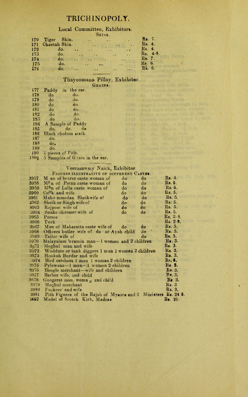 TRICHINOPOLY Local Committee, Exhibitors. Skins. 170 Tiger Skin, .. .. . Rs- <• 171 Cheetah Skin. ... ... .. Rs- 4. 172 do .. .. Rs. 4. 173 do. .. .. Rb. 4-8. 174 do ... Rs. 7- 175 do. ... Es- 6. 176 do. ... ... Rs. 6. Thayoomaua Pillay, Exhibitor. Grains. 177 Paddy iu the ear. 178 do do. 179 do do. 180 do do. 181 do do. 182 do do. 183 do do. 184 A Sample of Paddy 185 do. do- do 186 Black cholura stalk 187 do. 188 do. 189 do. 190 5 pieces of Pith- 190J 5 Sampl es of G rain in Veerasawmy Naick, Exhibitor. Figures illustrative of different Castbs. 3957 M an of bearer caste woman of do do Rs. 5. 3958 M? n of Patan caste woman of do do Rs. 5. 3959 Man of Lalla caste woman of do do Es. 5. 3960 Co°k and wife do do Rs. 5. 3961 Maho mmedan Sheikwife of do do Rs. 5. 3962 Sheik or Singh wife of do do Rs. 5. 8963 Rajpoot wife of do do Rs. 5. 3964 Snake charmer wife of do do Rs. 5. 3965 Parsee Rs. 2-8. 3966 Turk Rs. 2 8. 3967 Man of Makaratta easte wife of do do Rs. 5. 3968 Officers butler wife of do or Ayah child do Rs. 5. 3969 Tailor wife of do Rs. 5. 3970 Malayalum Y>ramin man—1 woman and 2 children Rs. 3. 3971 Moghul man and wife Rs. 3. 3972 Woddurs or tank diggers 1 man 1 woman 2 children Rs. 3. 3973 Hookah Burdar and wife Es. 3. 3974 Bird catchers 1 man 1 woman 2 children Rs.*. 3975 Pylewans—1 man—1 women 2 children Ra. 8. 3976 Bangle merchant—wife and children Rs. 3. 3977 Barber wife, and child Rs. 3. 3678 Googerat man, woma a and child Rs 3. 3979 Moghul merchant Rs. 3 3980 Fuckeer and wife Rs. 3. 3981 Pith Figures of the Rajah of Mysore and 2 Ministers Rg. 24 8. 1682 Model of Scotch Kirk, Madras Rs. 21-