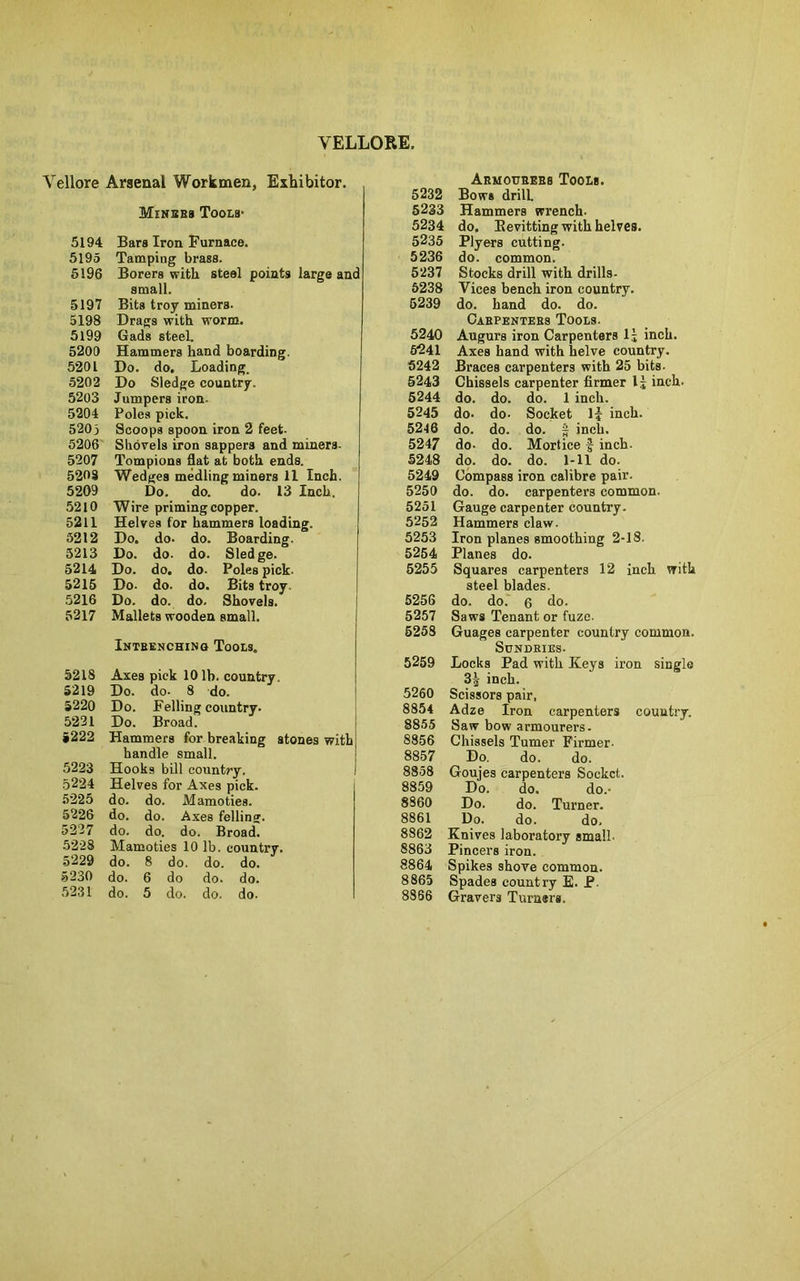 VELLORE. Vellore Arsenal Workmen, Exhibitor. Miners Tools' 5194 Bars Iron Furnace. 5195 Tamping brass. 5196 Borers with steel points large and small. 5197 Bits troy miners. 5198 Drags with worm. 5199 Gads steel. 5200 Hammers hand boarding. 5201 Do. do. Loading. 5202 Do Sledge country. 5203 Jumpers iron- 5204 Poles pick. 5203 Scoops spoon iron 2 feet- 5206 Shovels iron sappers and miners. 5207 Tompions flat at both ends. 5208 Wedges medling miners 11 Inch. 5209 Do. do. do. 13 Inch. 5210 Wire priming copper. 5211 Helves for hammers loading. 5212 Do. do. do. Boarding. 5213 Do. do. do. Sledge. 5214 Do. do. do. Poles pick. 5215 Do. do. do. Bits troy. 5216 Do. do. do. Shovels. 5217 Mallets wooden small. Intrenching Tools. 5218 Axes pick 101b. country. 5219 Do. do- 8 do. 5220 Do. Felling country. 5221 Do. Broad. #222 Hammers for breaking stones with, handle small. 5223 Hooks bill country. I 5224 Helves for Axes pick. 5225 do. do. Mamoties. 5226 do. do. Axes felling. 5227 do. do. do. Broad. 5228 Mamoties 10 lb. country. 5229 do. 8 do. do. do. 5230 do. 6 do do. do. 5231 do. 5 do. do. do. Armourers Tools. 5232 Bows drill. 5233 Hammers wrench. 5234 do, Bevitting with helves. 5235 Plyers cutting. 5236 do. common. 5237 Stocks drill with drills- 6238 Vices bench iron country. 5239 do. hand do. do. Carpenters Tools. 5240 Augurs iron Carpenters lj inch. 6241 Axes hand with helve country. 5242 Braces carpenters with 25 bits- 5243 Chissels carpenter firmer 13 inch. 5244 do. do. do. 1 inch. 5245 do. do- Socket If inch. 5246 do. do. do. § inch. 5247 do- do. Mortice f inch- 5248 do. do. do. 1-11 do. 5249 Compass iron calibre pair. 5250 do. do. carpenters common. 5251 Gauge carpenter country. 5252 Hammers claw. 5253 Iron planes smoothing 2-1S. 5254 Planes do. 5255 Squares carpenters 12 inch with steel blades. 5256 do. do. 6 do. 5257 Saws Tenant or fuze. 5258 Guages carpenter country common. Sundries. 5259 Locks Pad with Keys iron single inch. 5260 Scissors pair, 8854 Adze Iron carpenters country. 8855 Saw bow armourers. 8856 Chissels Turner Firmer- 8857 Do. do. do. 8858 Goujes carpenters Socket. 8859 Do. do. do.- 8860 Do. do. Turner. 8861 Do. do. do. 8862 Knives laboratory small- 8863 Pincers iron. 8864 Spikes shove common. 8865 Spades country E. P. 8866 Gravers Turners.