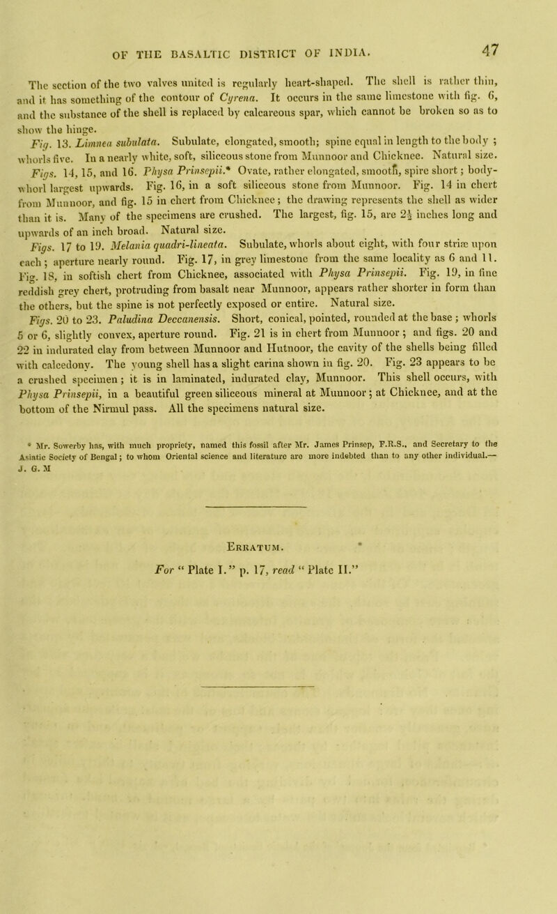 The section of the two valves united is regularly heart-shaped. The shell is rather thin, and it has something of the contour of Cyrena. It occurs in the same limestone with fig. (>', and the substance of the shell is replaced by calcareous spar, which cannot be broken so as to show the hinge. Fir/. 13. Limnea subulata. Subulate, elongated, smooth; spine equal in length to the body ; whorls five. Iu a nearly white, soft, siliceous stone from Munnoor and Chicknee. Natural size. Figs. 14,15, and 16. Fhysa Prinsepii* Ovate, rather elongated, smootfi, spire short; body- whorl largest upwards. Fig. 16, in a soft siliceous stone from Munnoor. Fig. 14 in chert from Munnoor, and fig. 15 in chert from Chicknee; the drawing represents the shell as wider than it is. Many of the specimens are crushed. The largest, fig. 15, are 2^ inches long and upwards of an inch broad. Natural size. Figs. 17 to 19. Melania quadri-lineata. Subulate, whorls about eight, with four striae upon each ; aperture nearly round. Fig. 17, in grey limestone from the same locality as 6 and 11. Fig. 18, in softish chert from Chicknee, associated with Physa Prinsepii. Fig. 19, in fine reddish grey chert, protruding from basalt near Munnoor, appears rather shorter in form than the others, but the spine is not perfectly exposed or entire. Natural size. Figs. 20 to 23. Paludina Deccanensis. Short, conical, pointed, rounded at the base ; whorls 5 or 6, slightly convex, aperture round. Fig. 21 is in chert from Munnoor ; and figs. 20 and 22 in indurated clay from betw'een Munnoor and Hutnoor, the cavity of the shells being filled with caleedonv. The young shell has a slight carina shown in fig. 20. Fig. 23 appears to be a. crushed specimen; it is in laminated, indurated clay, Munnoor. This shell occurs, with Physa Prinsepii, in a beautiful green siliceous mineral at Munnoor; at Chicknee, and at the bottom of the Nirmul pass. All the specimens natural size. * Mr. Sowerby has, with much propriety, named this fossil after Mr. James Prinsep, F.R.S., and Secretary to the Asiatic Society of Bengal; to whom Oriental science and literature are more indebted than to any other individual.— J. G. M Erratum. For “ Plate I.” p. 17, read “ Plate II.”
