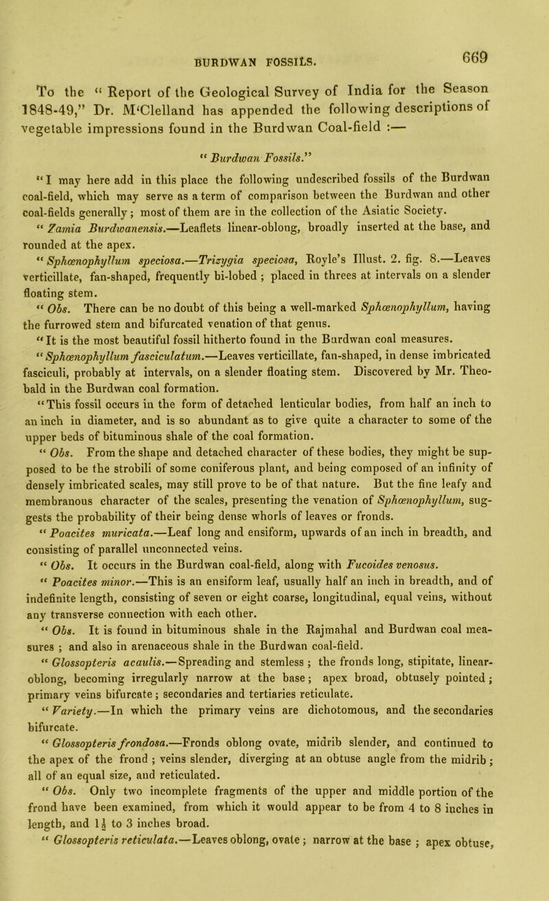 BURDWAN FOSSILS. To the “ Report of the Geological Survey of India for the Season 1848-49,” Dr. McClelland has appended the following descriptions of vegetable impressions found in the Burdwan Coal-field :— “ Burdwan Fossils.” “ I may here add in this place the following undeseribed fossils of the Burdwan coal-field, which may serve as a term of comparison between the Burdwan and other coal-fields generally; most of them are in the collection of the Asiatic Society. “ Zamia Burdivanensis.—Leaflets linear-oblong, broadly inserted at the base, and rounded at the apex. “ Sphcenophyllum speciosa.—Trisygia speciosa, Royle’s Illust. 2. fig. 8.—Leaves verticillate, fan-shaped, frequently bi-lobed ; placed in threes at intervals on a slender floating stem. “ Obs. There can be no doubt of this being a well-marked Sphcenophyllum, having the furrowed stem and bifurcated venation of that genus. “It is the most beautiful fossil hitherto found in the Burdwan coal measures. “ Sphcenophyllum fasciculatum.—Leaves verticillate, fan-shaped, in dense imbricated fasciculi, probably at intervals, on a slender floating stem. Discovered by Mr. Theo- bald in the Burdwan coal formation. “This fossil occurs in the form of detached lenticular bodies, from half an inch to an inch in diameter, and is so abundant as to give quite a character to some of the upper beds of bituminous shale of the coal formation. “ Obs. From the shape and detached character of these bodies, they might be sup- posed to be the strobili of some coniferous plant, and being composed of an infinity of densely imbricated scales, may still prove to be of that nature. But the fine leafy and membranous character of the scales, presenting the venation of Sphcenophyllum, sug- gests the probability of their being dense whorls of leaves or fronds. “ Poacites muricata.—Leaf long and ensiform, upwards of an inch in breadth, and consisting of parallel unconnected veins. “ Obs. It occurs in the Burdwan coal-field, along with Fucoides venosus. “ Poacites minor.—This is an ensiform leaf, usually half an inch in breadth, and of indefinite length, consisting of seven or eight coarse, longitudinal, equal veins, without any transverse connection with each other. “ Obs. It is found in bituminous shale in the Rajmahal and Burdwan coal mea- sures ; and also in arenaceous shale in the Burdwan coal-field. “ Glossopteris acaulis.— Spreading and stemless ; the fronds long, stipitate, linear- oblong, becoming irregularly narrow at the base ; apex broad, obtusely pointed ; primary veins bifurcate ; secondaries and tertiaries reticulate. “ Variety.—In which the primary veins are dichotomous, and the secondaries bifurcate. “ Glossopteris frondosa.—Fronds oblong ovate, midrib slender, and continued to the apex of the frond ; veins slender, diverging at an obtuse angle from the midrib ; all of an equal size, and reticulated. “Obs. Only two incomplete fragments of the upper and middle portion of the frond have been examined, from which it would appear to be from 4 to 8 inches in length, and 1J to 3 inches broad. “ Glossopteris reticulata.—Leaves oblong, ovate ; narrow at the base ; apex obtuse,