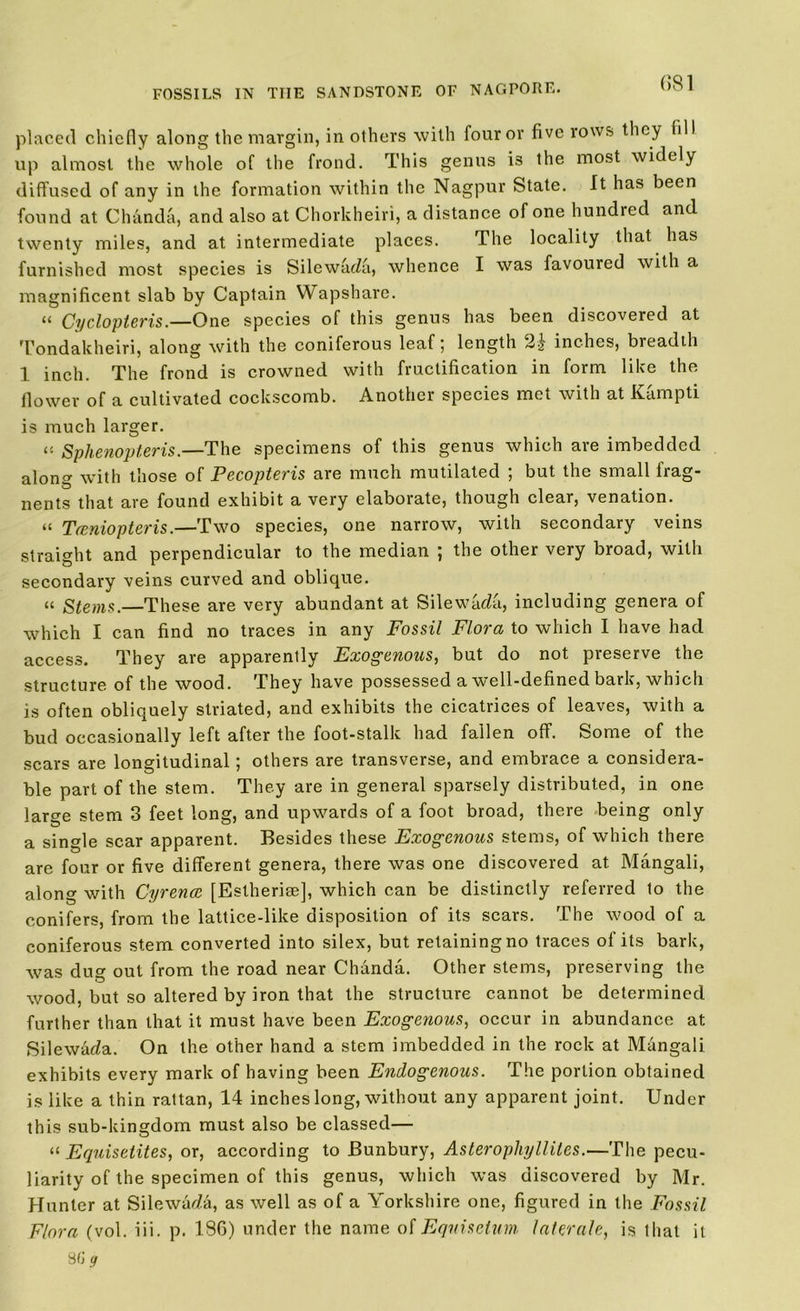 (581 placed chiefly along the margin, in others with four or five rows they fill up almost the whole of the frond. This genus i3 the most widely diffused of any in the formation within the Nagpur State. It has been found at Chanda, and also at Chorkheiri, a distance of one hundred and twenty miles, and at intermediate places. The locality that has furnished most species is SilewacZa, whence I was favoured with a magnificent slab by Captain Wapshare. 11 Cyclopteris.—One species of this genus has been discovered at Tondakheiri, along with the coniferous leaf; length 2J inches, breadth 1 inch. The frond is crowned with fructification in form like the flower of a cultivated cockscomb. Another species met with at Kampti is much larger. « Sphenopteris.—The specimens of this genus which are imbedded along with those of Pecopteris are much mutilated ; but the small irag- nents that are found exhibit a very elaborate, though clear, venation. “ Tceniopteris.—Two species, one narrow, with secondary veins straight and perpendicular to the median ; the other very broad, with secondary veins curved and oblique. “ Stems.—These are very abundant at SilewatZa, including genera of which I can find no traces in any Fossil Flora to which I have had access. They are apparently Exogenous, but do not preserve the structure of the wood. They have possessed a well-defined bark, which is often obliquely striated, and exhibits the cicatrices of leaves, with a bud occasionally left after the foot-stalk had fallen off. Some of the scars are longitudinal; others are transverse, and embrace a considera- ble part of the stem. They are in general sparsely distributed, in one large stem 3 feet long, and upwards of a foot broad, there being only a single scar apparent. Besides these Exogenous stems, of which there are four or five different genera, there was one discovered at Mangali, along with Cyrence [Estherise], which can be distinctly referred to the conifers, from the lattice-like disposition of its scars. The wood of a coniferous stem converted into silex, but retaining no traces of its bark, was dug out from the road near Chanda. Other stems, preserving the wood, but so altered by iron that the structure cannot be determined further than that it must have been Exogenous, occur in abundance at Silewada. On the other hand a stem imbedded in the rock at Mangali exhibits every mark of having been Endogenous. The portion obtained is like a thin rattan, 14 inches long, without any apparent joint. Under this sub-kingdom must also be classed— “ Equiselites, or, according to Bunbury, Asteropliylliles.—The pecu- liarity of the specimen of this genus, which was discovered by Mr. Hunter at Silewa^a, as well as of a Yorkshire one, figured in the Fossil Flora (vol. iii. p. 186) under the name of Equisetum Infertile, is that it