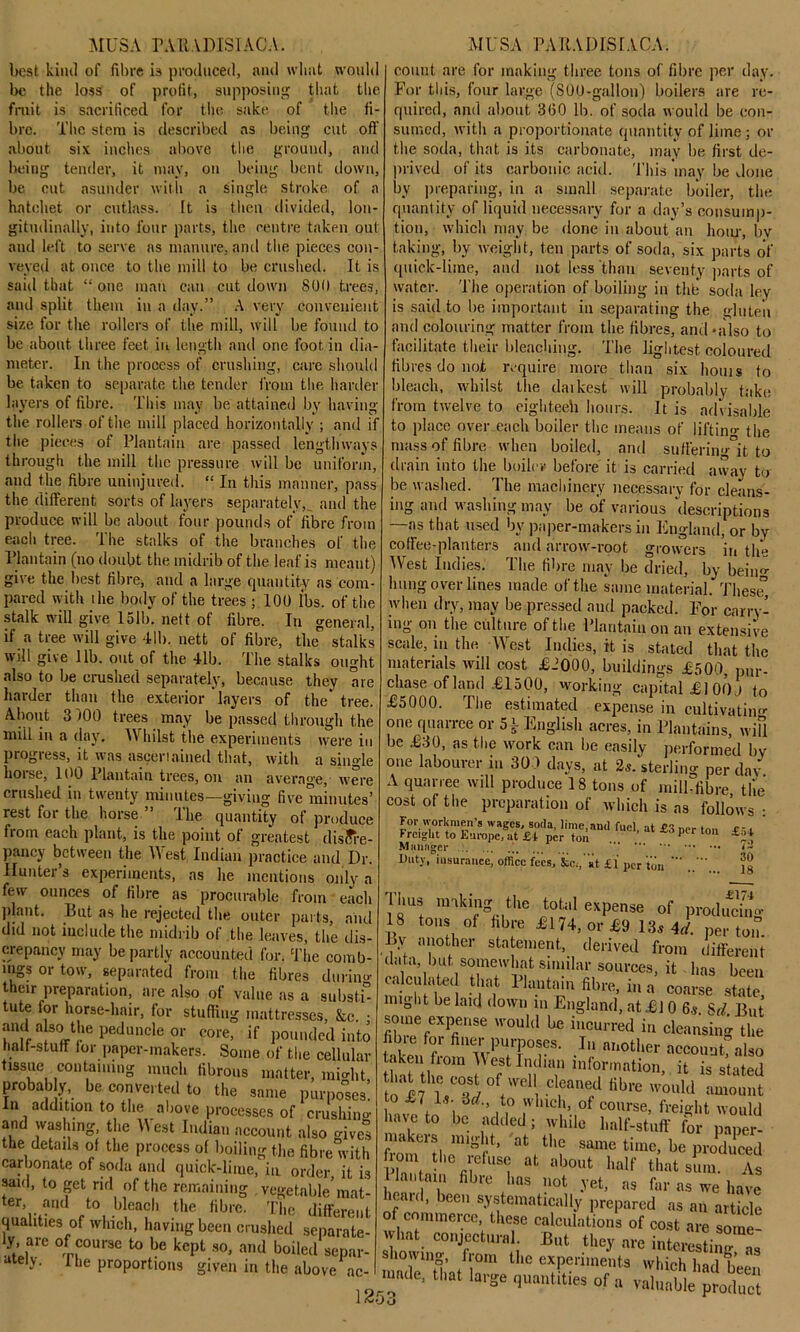 stroke of a divided, lon- MUSA PARADISIACA. best kind of fibre is produced, and wlmt would lie the loss of profit, supposing that the fruit is sacrificed for the sake of the fi- bre. The stem is described as being cut off about six inches above the ground, and being tender, it may, on being bent down, be cut asunder with a single hatchet or cutlass. It is then gitudinally, into four parts, the centre taken out and left to serve as manure, and the pieces con- veyed at once to the mill to be crushed. It is said that “ one man can cut down 800 trees, and split them in a day.” A very convenient size for the rollers of the mill, will be found to be about, three feet in length and one foot, in dia- meter. In the process of crushing, care should be taken to separate the tender from the harder layers of fibre. This may be attained by having the rollers of the mill placed horizontally ; and if the pieces of Plantain are passed lengthways through the mill the pressure will be uniform, and the fibre uninjured. “ In this manner, pass the different sorts of layers separately, and the produce will be about four pounds of fibre from each tree. The stalks of the branches of the Plantain (no doubt the midrib of the leaf is meant) give the best fibre, and a large quantity as com- pared with i he body of the trees ; 100 l'bs. of the stalk will give 151b. nett of fibre. In general, if a tree will give 41b, nett of fibre, the stalks will give 11b. out of the 41b. The stalks ought also to be crushed separately, because they are harder than the exterior layers of the’ tree. About 3100 trees may be passed through the mill in a day. Whilst the experiments were in progress, it was ascertained that, with a single horse,- 100 Plantain trees, on an average, were crushed in twenty minutes—giving five minutes’ rest for the horse ” The quantity of produce from each plant, is the point of greatest discre- pancy between the West Indian practice and Dr. Hunter’s experiments, as he mentions only a few ounces of fibre as procurable from each plant. But as he rejected the outer parts, and did not include the midrib of the leaves, the dis- crepancy may be partly accounted for. The comb- ings or tow, separated from the fibres during- their preparation, are also of value as a substi” tute for horse-hair, for stuffing mattresses, &c. • mid a so the peduncle or core, if pounded into half-stuff lor paper-makers. Some of the cellular tissue containing much fibrous matter, mi°lit probably, be converted to the same purposes’. In addition to the above processes of crushino- and washing, the West Indian account also civet the details of the process of boiling the fibre with carbonate of soda and quick-lime, in order, it is said, to get rid of the remaining vegetable’mat- ®r’li..and ft0. .blIea°h the fibre. The different qualities of which, having been crushed separate- ly, are of course to be kept so, and boiled separ- ately. The proportions given in the above ac- MUSA PARA D1S1ACA. count are for making three tons of fibre per day. For this, four large (SOO-gallon) boilers are re- quired, and about, 3(50 lb. of soda would be con- sumed, with a proportionate quantity of lime ; or the soda, that is its carbonate, may be first de- prived of its carbonic acid. This may be done by preparing, in a small separate boiler, the quantity of liquid necessary for a day’s consump- tion, which may. be done in about an hour, by taking, by weight, ten parts of soda, six parts of quick-Iiine, and not less than seventy parts of water. The operation of boiling in thb soda ley is said to be important in separating the gluten and colouring matter from the fibres, and -also to facilitate their bleaching. The lightest coloured fibres do not require more than six boms to bleach, whilst Hie darkest will probably take from twelve to eighteeh hours. It is advisable to place over .each boiler the means of lifting the mass of fibre when boiled, and sufferin'* it to drain into the boiler before it is carried away to be washed. The machinery necessary for cleans- ing and washing may be of various descriptions —as that used bv paper-makers in England, or by coffee-planters and arrow-root growers in the West Indies. The fibre may be dried, by being hung over lines made of the same material. These, when dry, may be pressed and packed. For carry- ing on the cultuie of the Plantain on an extensive scale, in the West Indies, it is stated that the materials will cost £-’000, buildings £500, pur- chase of land £1500, working capital £100 j to £5000. The estimated expense in cultivating one quarree or 5i English acres, in Plantains, wifi be £30, as the work can be easily performed by one labourer in 301 days, at 2s. sterling per day A quarree will produce 18 tons of milhfibre tile cost of the preparation of which is as follows : For workmen's wages, soda, lime, and fuel, at £3 ner ton £•-, t Freight to Europe, at £1 per toil P Mnnngcr .: ‘ Duty, insurance, office fees, &Ci, at £1 per ton 30 18 Thus 18 tons making of 1253 the total expense of producin'*- fibre £174, or £9 13s id. per tom hv another statement, derived from different data, but somewhat similar sources, it has been calculated that Plantain fibre, in a coarse state might be laic] down in England, at £10 6s Sd But fZ.eieXPf?nSe 'V0Uld be iHCUrred iu Lansing the taken L 11 WPUtl?°r9’ > ni,0ther amount, also I °; thidnm information, it is stated £7 lV m/Of/V0 C ,Caned fibre would amount to £7 Is. -id., to winch, of course, freight would have to be added; while half-stuff for paner- fromrthemSft’ a\th? SiUnetime> be produced fiom the efnse at about half that sum. As lan am fibre lias not yet, as far as we have heard, been systematically prepared as an article of commerce, these calculations of cost are some- what conjectural. But they are interesting showing, from the experiments which had teJ. made, that large quantities of a valuable product