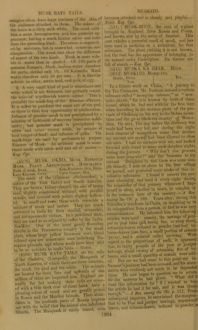 MUSK RATS TA1T.3. margins often have large portions of the skin of the abdomen attached to them. The colour of the hairs is a dirty milk-white. The musk exhi- bits a more homogeneous and less granular ap- pearance, having a much fainter odour and taste than the preceding kind. The odour is augment- ed by moisture, but is somewhat nauseous and disagreeable. The wood cuts show the difieieuce of aspect of the two kinds. Musk is more solu- ble in water than in alcohol. Of 100 parts ol genuine Tonquiu Musk, boiling-water dissolves liO parts, alcohol only 50. Ol Kabardin Musk water dissolves only 50 per cent. It is likewise soluble in ether, acetic acid, and yolk ol egg. A very small kind of pod is sometimes met 3. MUSK.ITO. becomes attached and is cleanly and playful.— Nobis, Eng. Cgc. (55 lr) MUSK-ROOT, the root of a plant brought to England from Russia and Persia, and known also by the name of Sumbul. This root exhales a powerful smell of musk, and has been used in medicine as a substitute for that substance. The plant yielding it is not known, but the root has the appearance of belonging to the natural order UmbeLliferce. Its tissues are full of starch.—Eng. Cgc. (5511) MU SKA KA JIIAR. Hind (5bl2) MUSKITO, Mosquito Tex.. with, which is not flattened-, but perfectly round: the hairs of a yellowish brown colour. This is probably the musk-bag of the Moschus Altaicns. ]t is safest to purchase the musk out of the pod. as there is then less opportunity of adulteration. Infusion of genuine musk is not precipitated by a solution of bichloride of mercury (corrosive subli- mate) ; but genuine musk is precipitated by nitric and other strong acids, by acetate of lead (sugar-of-lead), and infusion of galls. '1 he musk-bags are used by perfumers to prepare Essence of Musk. An artificial musk is some- times made with nitric acid and oil of amber.— Eng. Cgc. (5508) MUSK OKRO, Musk Hibiscus Musk Plant Abelmo.schus Moschatus. Ilnhb-Iil musk, A kab. 1 Kala-Kiistoorie, Gi:z, Hind. Kami Kinaissa, Cvng. ! Cattu Gastun, Mat.. The seeds of the (Hibiscus N be! moschus), a native of the East Indies and South America. They are brown, kidney-shaped, the size of hemp seed, slightly compressed, striated with parallel streaks, and covered with points slightly hollow- ed In smell and taste, these seeds resemble a mixture of musk and amber. They are much esteemed in India for their cordial, stomachic, and antispasmodie virtues. In a powdered state, tliev are used as an adjunct to coffee by the -Arabs. Faulkner. One of the most gaudy flowering shrubs in the Tenasserim country is the musk plant, whose large yellow blossoms with blow colored eyes are sometimes seen bedeckin0 L i ropean grounds, and whose sceils^ave been said to be an antidote to snake bites. . • (5509) MUSK RATS RAILS, are the tads of the Ondatra, (Lacepede) the Musquash o North America, of which there are three vai leties, he black, the pied and the white. 1 lie animals are hunted forfeit. furs and np*ris of one million of skins are imported into Impanel nually for hat making: their tads are cover- ed with a thin sleek coat of short hairs, a\ a fdeaeingodour of ,mr* in Russia and the Maidive Islands. “ dftnee in the northern parts of Russia; P es use with the belief that the animal also ni white Siberia, The Musquash is easily tamed, soon Muchr, Hind. Tam, In a former work on China, ‘ A journey to the Tea Countries, Mr. Fortune noticed a curious subtauce called “ mosquito tobacco,” or mos- quito physic,” for it is known by both of these names, which he had met with for the first time when travelling in the western parts of the pro- vince of Chekiang on his way to the Bohea 11101111- tains and the great black-tea country of Woo-e- shan. He says, The day before the discovery was made had been very hot, and during the night such swarms of mosquitoes came that neither my servant nor myself had been allowed to close our eyes. I had 110 curtains with me, and looked forward with dread to many such sleepless nights during the journey. “ M by dou t you procuie some lriuii-jiirig-eaii ?” said the boatmen to my servant Delighted to find there was some sim- ple remedy, I sent on shore to the first \illage we passed, anti procured some sticks ot this in- valuable substance. I found it answer the pui- pose admirably, and used it every night during the remainder of that journey whenever 1 hap- pened to sleep, whether in boats, in temples, or in the common inns of the country.- 4 es. among the Chi. p. 108. Years after, during tins Traveller’s residence in China, 011 inquiring as o its composition from a person, at first lie was very .communicative. He informed him the following articles were used : namely, the sawings of juni- per or pine trees (pill heang fun, or sung shoo), artemisia-leaves reduced to powder (uai-hai) to- bacco-leaves (ean fun), a small portion of arsenic (pe-za), and a mineral called nu-waug. VY ltd regard to the proportions of each, it appeared that, to thirty pounds of the pine or jumper sawings, about twenty of artemisia, five ot to- bacco, and a small quantity of arsenic were add- ed. But ere we had come to this point my in- formant's jealousy had been aroused, and his state- ments were evidently not much to be depended upon, lie now began to question mem return for the answers lie had giycn- . , want this information for ? if 1 wanted to bu the article he had it for sale, and 1  « 11 enough.”—A Res. among the Cln. p. Ill- *10m subsequent inquiries, lie ascertaine t lion to be Bine and juniper sawings woimwood leaves, and tobacco-leaves, reduced to poudei,