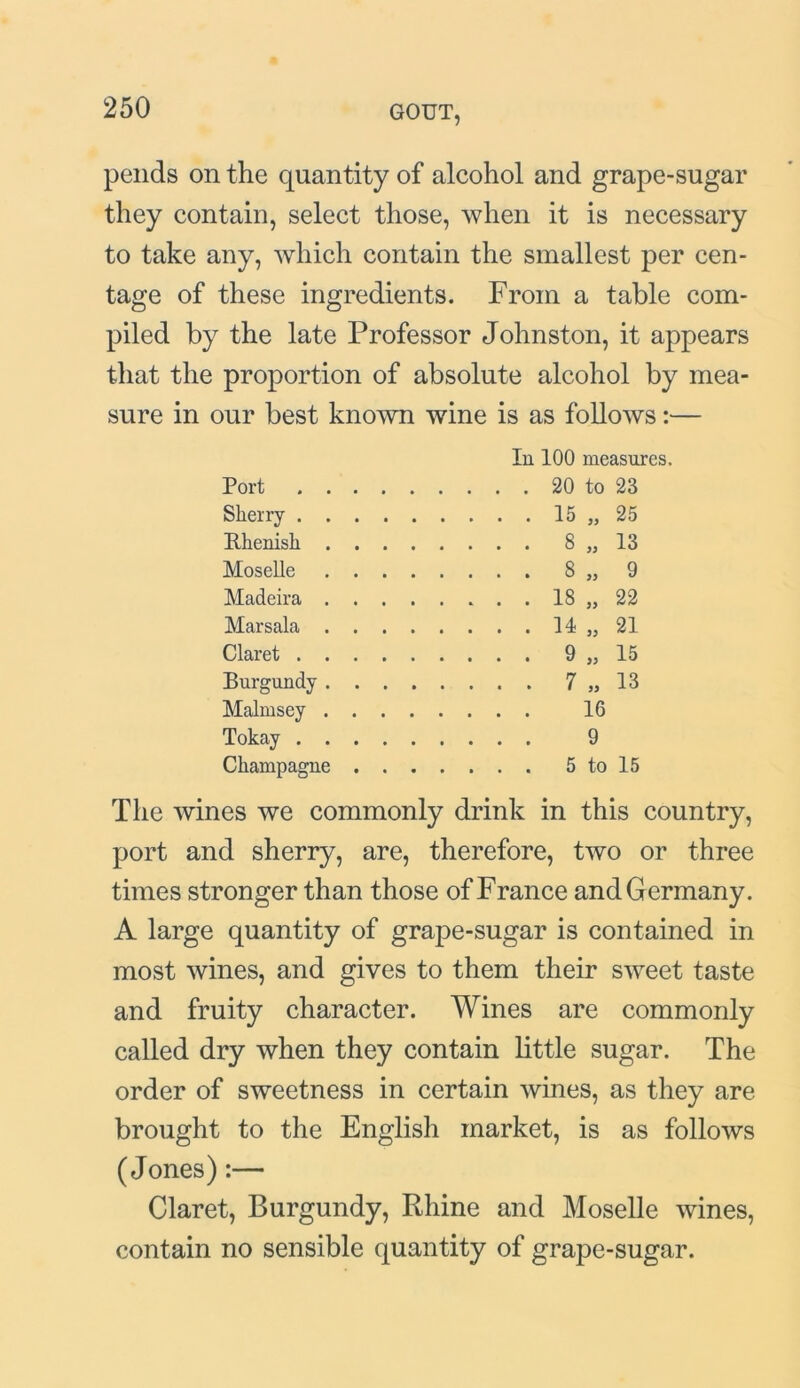 pends on the quantity of alcohol and grape-sugar they contain, select those, when it is necessary to take any, which contain the smallest per cen- tage of these ingredients. From a table com- piled by the late Professor Johnston, it appears that the proportion of absolute alcohol by mea- sure in our best known wine is as follows:— In 100 measures. Port . ... 20 to 23 Sherry . ... 15 )) 25 Rhenish .... . . . . 8 13 Moselle .... . . . . 8 9 Madeira .... . ... 18 yy 22 Marsala . . . . . ... 14 yy 21 Claret . . . . 9 yy 15 Burgundy .... . . . . 7 yy 13 Malmsey . . . . , 16 Tokay 9 Champagne . . . . . . . 5 to 15 The wines we commonly drink in this country, port and sherry, are, therefore, two or three times stronger than those of France and Germany. A large quantity of grape-sugar is contained in most wines, and gives to them their sweet taste and fruity character. Wines are commonly called dry when they contain little sugar. The order of sweetness in certain wines, as they are brought to the English market, is as follows (Jones):— Claret, Burgundy, Rhine and Moselle wines, contain no sensible quantity of grape-sugar.