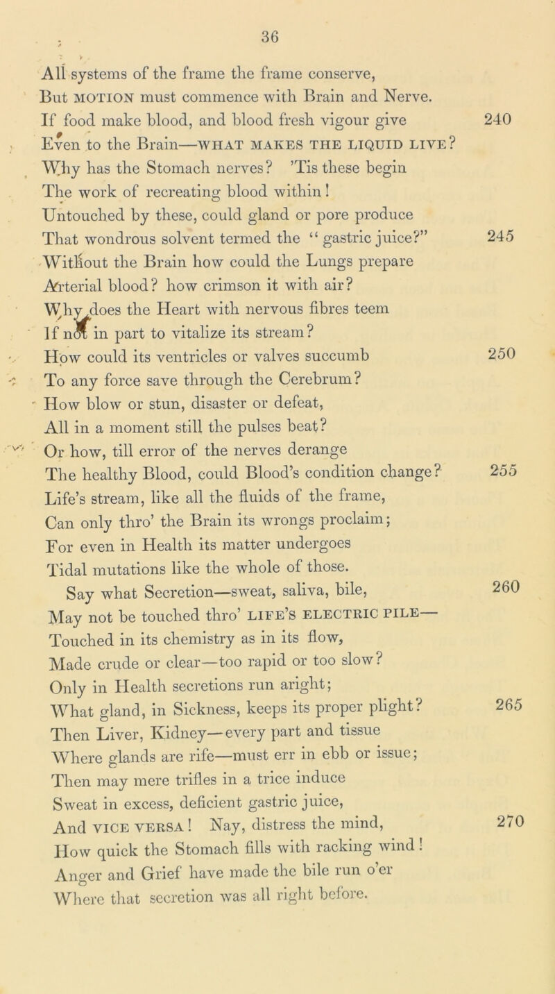 V All systems of the frame the frame conserve, But MOTION must commence with Brain and Nerve. If food make blood, and blood fresh vigour give Even to the Brain—what makes the liquid live? Wliy has the Stomach nerves? ’Tis these begin The work of recreating blood within! Untouched by these, could gland or pore produce That wondrous solvent termed the “ gastric juice?” Without the Brain how could the Lungs prepare j^Vi’terial blood? how crimson it with air? If nOT in part to vitalize its stream? How could its ventricles or valves succumb To any force save through the Cerebrum? How blow or stun, disaster or defeat, All in a moment still the pulses beat? Or how, till error of the nerves derange The healthy Blood, could Blood’s condition change? Life’s stream, like all the fluids of the frame. Can only thro’ the Brain its wrongs proclaim; For even in Health its matter undergoes Tidal mutations like the whole of those. Say what Secretion—sweat, saliva, bile. May not be touched thro’ life’s electric pile— Touched in its chemistry as in its flow, Made crude or clear—too rapid or too slow ? Only in Health secretions run aright; What gland, in Sickness, keeps its proper plight? Then Liver, Kidney—every part and tissue Where glands are rife—must err in ebb or issue; Then may mere trifles in a trice induce Sweat in excess, deficient gastric juice. And VICE VERSA! Nay, distress the mind. How quick the Stomach fills with racking wind; Anger and Grief have made the bile lun oei Where tliat secretion was all riglit before. 240 245 250 255 260 265 270