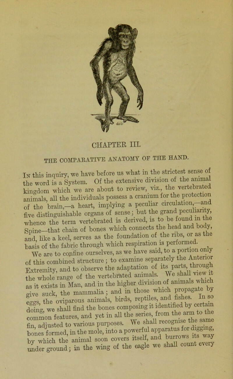 THE COMPAHATIVE ANATOMY OF THE HAND. In tMs inquiry, we have before us what in the strictest sense of the word is a System. Of the extensive division of the animal kingdom which we are about to review, viz., the vertebrated animals, all the individuals possess a cranium for the protection of the brain,—a heart, implying a peculiar circulation, and five distinguishable organs of sense; but the grand peculiarity, whence the term vertebrated is derived, is to be found in the Spine—that chain of bones which connects the head and body, and, like a keel, serves as the foundation of the ribs, or as the basis of the fabric through which respiration is performed. We are to copfine ourselves, as we have said, to a portion only of this combined structure; to examine sep^ately the Anterior Extremity, and to observe the adaptation of its parts, throng the whole range of the vertebrated animab. We shall view it as it exists in Man, and in the higher division of animals which Sve sui, the mammalia; and in those which propagate by ec'gs the oviparous animals, birds, reptiles, and fishes. n so dofn-, we shall find the bones composing it identified by certain tmmon features, and yet in aU the series from the arm to the fin adiusted to various purposes. We shall recognise e bones formed in the mole, into a powerful apparatus for (bggmg, rtle soon covers itself, and imder ground; in the wing of the eagle we shall count every