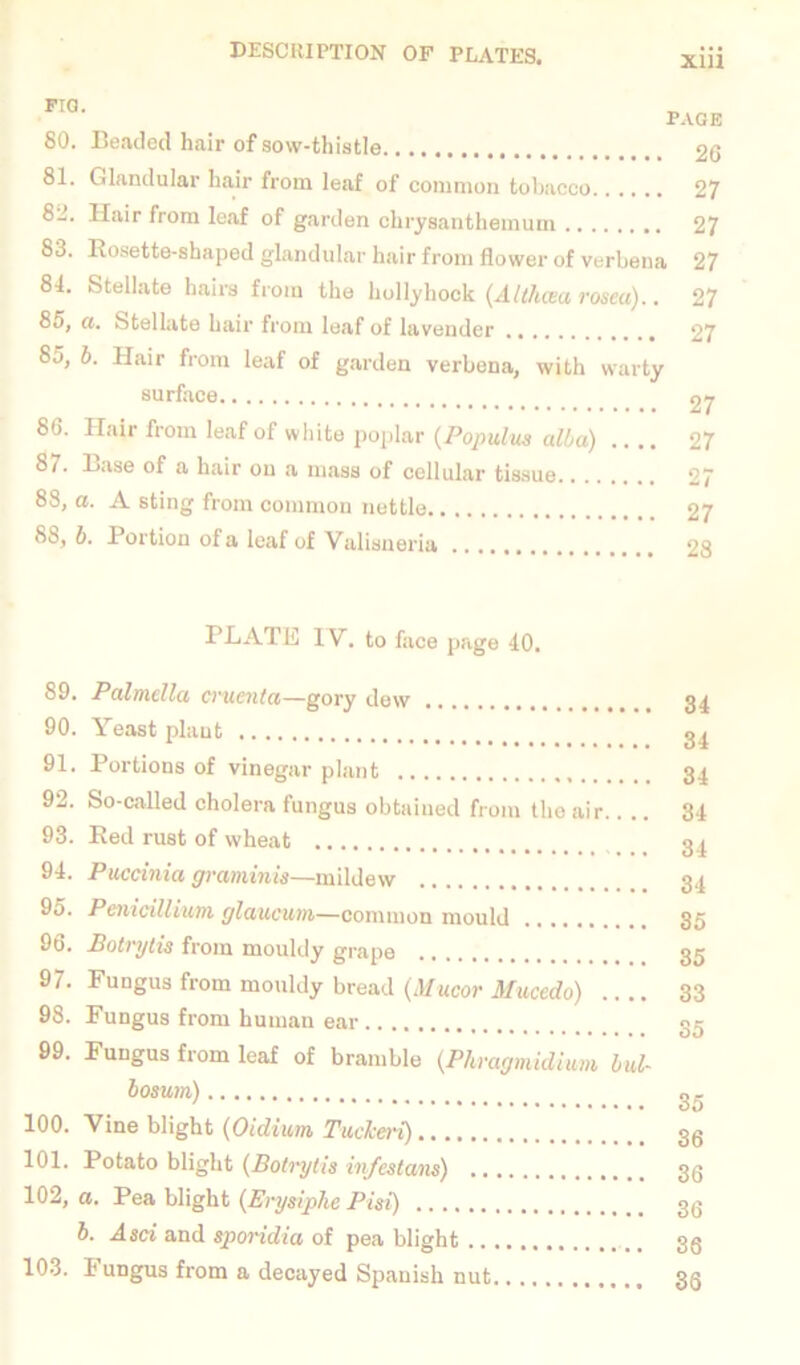 FIG. PAGE 80. Beaded hair of sow-thistle 20 81. Glandular hair from leaf of common tobacco 27 82. Hair from leaf of garden chrysanthemum 27 83. Rosette-shaped glandular hair from flower of verbena 27 84. Stellate hairs from the hollyhock (Althaea rosea).. 27 85. a. Stellate hair from leaf of lavender 27 85, b. Hair from leaf of garden verbena, with warty surface 27 80. Hair from leaf of white poplar (Pop ulus alba) .... 27 87. Base of a hair on a mass of cellular tissue 27 88, a. A sting from common nettle 27 88, b. Portion of a leaf of Valisneria 28 PLATE IV. to face page 40. 89. Palmella cmenta—gory dew 90. Yeast plant 91. Portions of vinegar plant 92. So-called cholera fungus obtained from the air.. .. 93. Red rust of wheat 94. Puccinia graminis—mildew 95. Penicillium glaucum—common mould 96. Bolnjtis from mouldy grape 97. Fungus from mouldy bread (Mucor Mucedo) 98. Fungus from human ear 99. Fungus from leaf of bramble (Phragmidium bul- bosum) 100. Vine blight (Oidiurn Tuclceri) Potato blight (Bolrytis infcstans) 102, a. Pea blight (Erysiphe Pisi) b. Asci and sporidia of pea blight 103. Fungus from a decayed Spanish nut 34 34 34 34 34 34 35 35 33 35 35 36 36 36 36 36