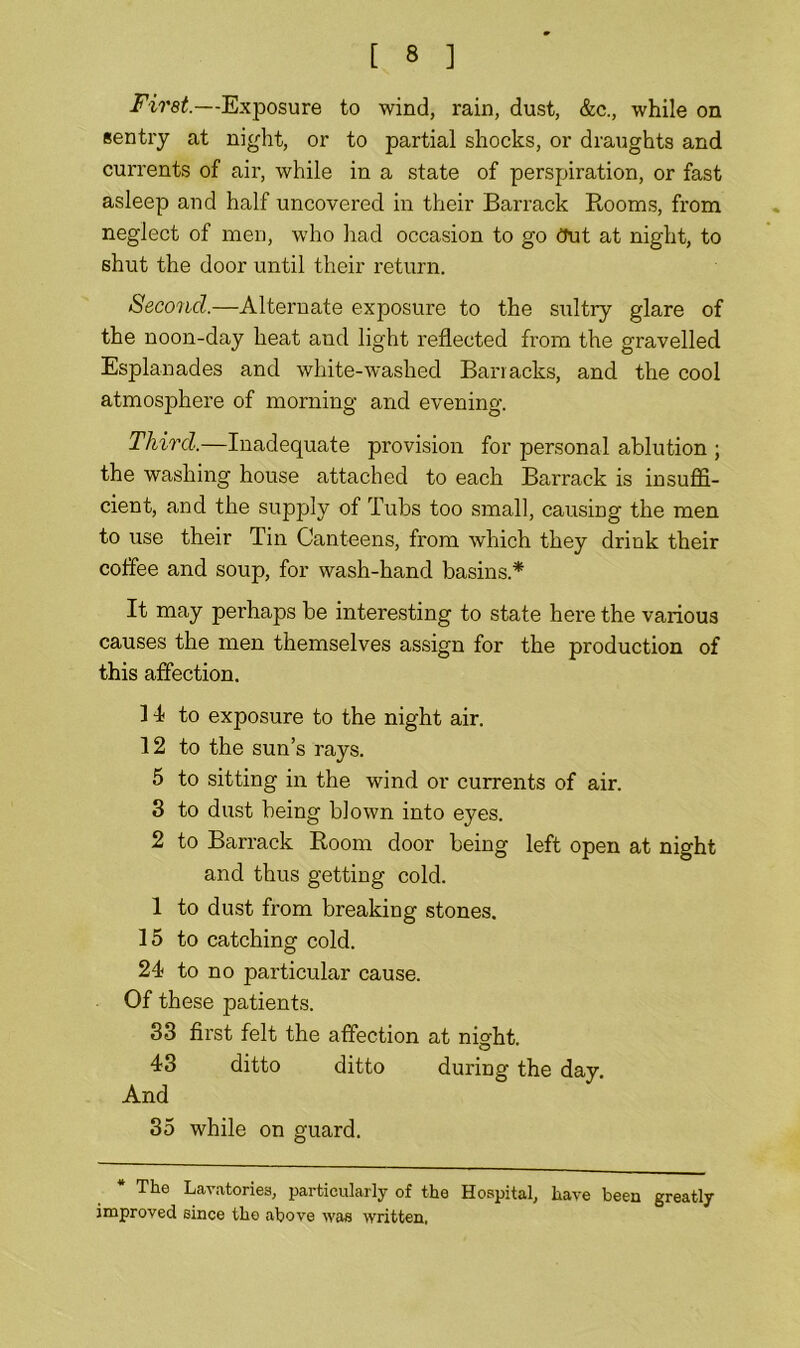 First.—Exposure to wind, rain, dust, &c., while on sentry at night, or to partial shocks, or draughts and currents of air, while in a state of perspiration, or fast asleep and half uncovered in their Barrack Rooms, from neglect of men, who had occasion to go Out at night, to shut the door until their return. Second.—Alternate exposure to the sultry glare of the noon-day heat and light reflected from the gravelled Esplanades and white-washed Barracks, and the cool atmosphere of morning and evening. Third.—Inadequate provision for personal ablution ; the washing house attached to each Barrack is insuffi- cient, and the supply of Tubs too small, causing the men to use their Tin Canteens, from which they drink their coffee and soup, for wash-hand basins * It may perhaps be interesting to state here the various causes the men themselves assign for the production of this affection. 31 to exposure to the night air. 12 to the sun’s rays. 5 to sitting in the wind or currents of air. 3 to dust being blown into eyes. 2 to Barrack Room door being left open at night and thus getting cold. 1 to dust from breaking stones. 15 to catching cold. 24 to no particular cause. Of these patients. 33 first felt the affection at night. 43 ditto ditto during the day. And 35 while on guard. The Lavatories, particularly of the Hospital, have been greatly- improved since the above was written,