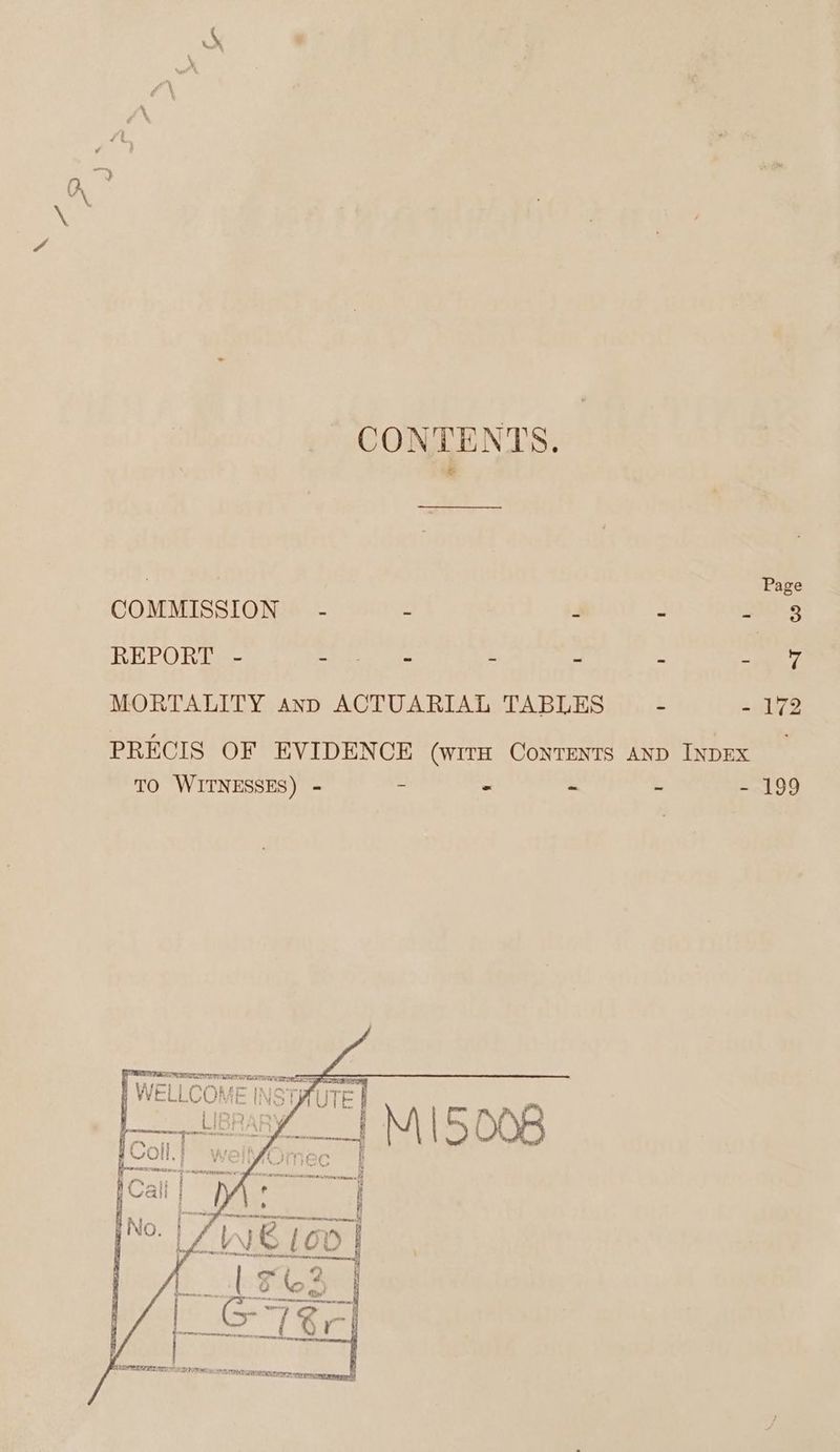 CONTENTS. COMMISSION — - : - : 0's REPORT - af sige d E . : aes MORTALITY anp ACTUARIAL TABLES - - 172 PRECIS OF EVIDENCE (WITH CONTENTS AND INDEX TO WITNESSES) - - ~ - - 199