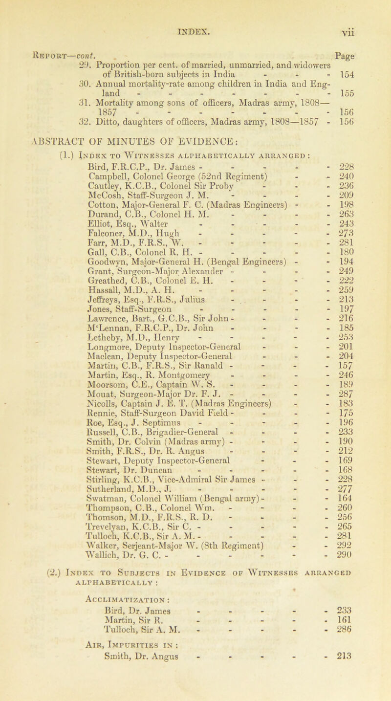 Report—cont. Page 29. Proportion per cent, of married, unmarried, and widowers of British-born subjects in India - - - 154 30. Annual mortality-rate among children in India and Eng- land ------- 155 31. Mortality among sons of officers, Madras army, 1808— 1857 - 15G 32. Ditto, daughters of officers, Madras army, 1808—1857 - 15(i ABSTRACT OF MINUTES OF EVIDENCE: (1.) Index to Witnesses alphabetically arranged : Bird, F.R.C.P., Dr. James ----- 228 Campbell, Colonel George (52nd Regiment) - - 240 Cautley, K.C.B., Colonel Sir Proby ... 236 McCosh, Staff-Surgeon J. M. - - - - 200 Cotton, Major-General F. C. (Madras Engineers) - - 198 Durand, C.B., Colonel H. M. - 263 Elliot, Esq., Walter - - - - - 243 Falconer, M.D., Hugh ----- 273 Farr, M.D., F.R.S., W. 281 Gall, C.B., Colonel R. H. - - - - 180 Goodwyn, Major-General H. (Bengal Engineers) - - 194 Grant, Surgeon-Major Alexander - - - - 249 Greathed, C.B., Colonel E. H. - - - - 222 Hassall, M.D., A. FI. - - - - - 259 Jeffreys, Esq., F.R.S., Julius ... - 213 Jones, Staff-Surgeon ----- 197 Lawrence, Bart., G.C.B., Sir John - ... 216 M'Lennan, F.R.C.P., Dr. John - - - - 185 Letheby, M.D., Henry ----- 253 Longmore, Deputy Inspector-General - 201 Maclean, Deputy Inspector-General ... 204 Martin, C.B., F.R.S., Sir Ranald - - - - 15/ Martin, Esq., R. Montgomery - 246 Moorsom, C.E., Captain W. S. - - - 189 Mouat, Surgeon-Major Dr. F. J. - - - - 287 Nicolls, Captain J. E. T. (Madras Engineers) - - 183 Rennie, Staff-Surgeon David Field - - - - 175 Roe, Esq., J. Septimus ----- 196 Russell, C.B., Brigadier-General - - - - 233 Smith, Dr. Colvin (Madras army) - - - - 190 Smith, F.R.S., Dr. R. Angus - 212 Stewart, Deputy Inspector-General ... 169 Stewart, Dr. Duncan - - - - - 168 Stirling, K.C.B., Vice-Admiral Sir James •■ - - 228 Sutherland, M.D., J. - - - - - 277 Swatman, Colonel William (Bengal army)- - - 164 Thompson, C.B., Colonel Win. - 260 Thomson, M.D., F.R.S., R. D. - - - - 256 Trevelyan, K.C.B., Sir C. - - - - - 265 Tulloch, K.C.B., Sir A. M. 281 Walker, Serjeant-Major W. (8th Regiment) - - 292 Wallich, Dr. G. C. 290 (2.) Index to Subjects in Evidence of Witnesses arranged alphabetically : f Acclimatization : Bird, Dr. James ----- 233 Martin, Sir R. - - - - - 161 Tulloch, Sir A. M. - - - - 286 Air, Impurities in : Smith, Dr. Angus - - - - - 213