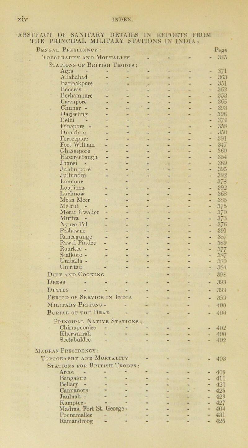 ABSTRACT OF SANITARY DETAILS IN REPORTS FROM THE PRINCIPAL MILITARY STATIONS IN INDIA: Bengal Presidency: Topography and Mortality Page - 345 Stations of British Troops: Agra - - 371 Allahabad - - - - - 363 Barrackpore - >- - - - 351 Benares - - - - - - 362 Berhampore - - - - - 353 C ami pore - - - - - 365 Chunar - - - - . - 393 Darjeeling - - - - - 396 Delhi - - - - - 374 Dinap ore - - - - - - 35S Dumdum - - - - - 350 Ferozepore - - - - - 381 Fort William - - - - - 347 Ghazeepore - - - - - 360 Hazareebaugh - - - - - 354 Jhansi - - . - - 369 Jubbulpore - - - - - 395 Jullundur - - - - - 392 Landour - - . . - 378 Loodiana - - - - - 392 Lucknow - - - - - 368 Mean Meer - - - - - 385 Meerut - - - - - - 375 Moral- Gwalior - - - - - - 370 Muttra - - - - - - 373 Nynee Tal - - - - - 376 Peshawur - - - - - 391 Raneegunge - - - - - 357 Rawal Pindee - - - - - 389 Roorkee - - - - - - 377 Sealkote - - - - . - 387 Umballa - - - - - - 380 Umritsir - - - - - 384 Diet and Cooking - - - - - 398 Dress - - - - - 399 Duties - - - - - a99 Period of Service in India - - - - 399 Military Prisons - - - - - - 400 Burial of the Dead - - - - - 400 Principal Native Chirrapoonjee Stations; - 402 Klierwarrah - - - - - 400 Seetabuldee - - - - - 402 Madras Presidency: Topography and Mortality - - - - 403 Stations for British Troops : Arcot - - 409 Bangalore - - - - - 411 Bellary - - - . - - 421 Cannanore - • - - - 425 Jaulnah - - - . - - 429 Kamptee - - - - - - 427 Madras, Fort St. George- - - - - 404 Poonamallee - - • - - 431 Ramandroog - - - - - 426