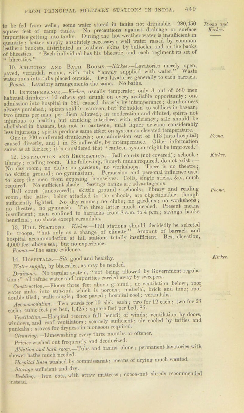 to be fed from wells; some water stored in tanks not drinkable. 280,450 square feet of camp tanks. No precautions against drainage or surface impurities getting into tanks. During the hot weather water is insufficient in quantity; better supply absolutely necessary; well water raised by common leathern buckets, distributed in leathern skins by bullocks, and on the backs ofbheesties. “ Each individual has his bheestie, and each regiment its set of “ bheesties.” 10. Ablution and Bath Rooms.—Kirkee.—-Lavatories merely open, paved, verandah rooms, with tubs “ amply supplied with water. ’ Vi aste water runs into tubs placed outside. Two lavatories generally to each barrack. Poona.—Lavatory arrangements the same. No baths. 11. Intemperance.—Kirkee, usually temperate; only 3 out of 580 men habitual drinkers; 10 others get drunk on every available opportunity; one admission into hospital in 361 caused directly by intemperance ; drunkenness always punished; spirits sold in canteen, but forbidden to soldiers in bazaai, two drams per man per diem allowed; in moderation and diluted, spirits not injurious to health; but drinking interferes with efficiency; sale should be abolished in bazaars, but not in canteens; malt liquor or wine considerably less injurious; spirits produce same effect on system as elevated temperature. One in 200 confirmed drunkards ; one admission out of 113 (into hospital) caused directly, and 1 in 28 indirectly, by intemperance. Other information same as at Kirkee; it is considered that “ canteen system might be improved. 12. Instruction and Recreation.—Ball courts (not covered); schools; library; reading room. The following, though much required, do not exist No day room ;°no club; no gardens; no workshops. There is no theatre; no skittle ground; no gymnasium. Persuasion and personal influence used to keep the men from exposing themselves. Foils, single sticks, &c., much required. No sufficient shade. Savings banks are advantageous. Ball court (uncovered); skittle ground ; schools; library and reading room - the latter, being attached to the schools, are objectionable, though sufficiently lighted. No day rooms; no clubs; no gardens; no workshops; no theatre; no gymnasia. The three latter much needed. Present means insufficient; men confined to barracks from 8 a.m. to 4 p.m.; savings banks beneficial; no shade except verandahs. 13. Hill Stations.— Kirkee.—Hill stations should decidedly be selected for troops, “but only as a change of climate.” Amount of barrack and hospital accommodation at hill stations totally insufficient. Best elevation, 4,000 feet above sea; but no experience. Poona.—The same evidence. 14. Hospitals.—Site good and healthy. Water supply, by bheesties, as may be needed. Drainage.—No regular system, “not being allowed by Government regula- tion ;” all refuse water and impurities carried away by sweepers. Construction.—Floors three feet above ground ; no ventilation below; roof water sinks into sub-soil, which is porous; material, brick and lime; root double tiled ; walls single; floor paved ; hospital cool; verandahs. Accommodation.—Two wards for 10 sick each ; two for 12 each; two for 28 each ; cubic feet per bed, 1,425 ; square feet per bed, 86. Ventilation —Hospital receives full benefit of winds; ventilation by doors, windows, and roof ventilators; scarcely sufficient; air cooled by tatties and punkahs’; stoves for dryness in monsoon required. Cleansiug.—Limewashing every three months or oftener. Privies washed out frequently and deodorized. Ablution and bath room.— Tubs and basins alone; permanent lavatories with shower baths much needed. Hospital linen washed by commissariat; means of drying much wanted. Storage sufficient and dry. Bedding. Iron cots, with straw mattress; cocoa-nut shreds recommended instead. Poona and Kirkee. Poona. Kirkee. Poona. Kirkee.