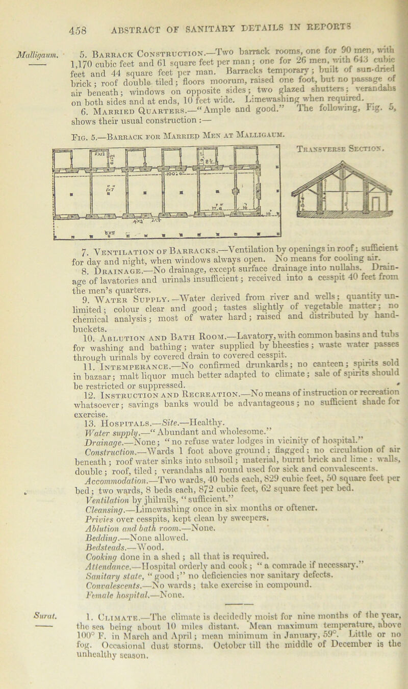 Malliqaum. 5. Barrack Construction.-Two barrack rooms one for 90 men, with — 1,170 cubic feet and (il square feet per man ; one for 26 men, with 64.1 cubic feet and 44 square feet per man. Barracks temporary; built of sun-dried brick • roof double tiled; floors moorum, raised one foot but no passage of air beneath; windows on opposite sides; two glazed shutters; veranda is on both sides and at ends, 10 feet wide. Limewashing when required. 6. Married Quarters.—“Ample and good. ’ Ihe following, rig. o, shows their usual construction :— pIG. 5.—Barrack tor Married Men at Malligaum. Transverse Section. 7. Ventilation of Barracks.—Ventilation by openings in roof; sufficient for day and night, when windows always open. No means for cooling air. 8 Drainage.—No drainage, except surface drainage into nullahs. Drain- age of lavatories and urinals insufficient; received into a cesspit 40 feet from the men’s quarters. . , „ . 11, 9. Water Supply.—Water derived from river and wells; quantny un- limited; colour clear and good; tastes slightly of vegetable matter; no chemical analysis; most of water hard; raised and distributed b\ hand- 10. Ablution and Bath Room.—Lavatory, with common basins and tubs for washing and bathing; water supplied by bheesties; waste water passes through urinals by covered drain to covered cesspit. . 11. Intemperance.—No confirmed drunkards; no canteen; spirits sold in bazaar; malt liquor much better adapted to climate; sale of spirits should be restricted or suppressed. . . * 12. Instruction and Recreation.—No means of instruction or recreation whatsoever; savings banks would be advantageous; no sufficient shade for exercise. 13. Hospitals.—Site.—Healthy. Water supply.—“Abundant and wholesome.” Drainage.—None; “ no refuse water lodges in vicinity of hospital.” Construction.—Wards 1 foot above ground ; flagged; no circulation of air beneath; roof water sinks into subsoil; material, burnt brick and lime : walls, double; roof, tiled ; verandahs all round used for sick and convalescents. Accommodation.—Two wards, 40 beds each, 829 cubic feet, 50 square feet per bed; two wards, 8 beds each, 872 cubic feet, 62 square feet per bed. Ventilation by jhilmils, “ sufficient.” Cleansing.—Limewashing once in six months or oftener. Privies over cesspits, kept clean by sweepers. Ablution and bath room.—None. , Bedding.—None allowed. Bedsteads.—Wood. Cooking done in a shed ; all that is required. Attendance.—Hospital orderly and cook; “ a comrade if necessary. ' Sanitary state, “good ;” no deficiencies nor sanitary defects. Convalescents.—No wards; take exercise in compound. Female hospital.—None. Surat. 1. Climate.—The climate is decidedly moist for nine months of the year, the sea being about 10 miles distant. Mean maximum temperature, above 100° F. in March and April; mean minimum in January, 59°. Little or no fog. Occasional dust storms. October till the middle of December is the unhealthy season.