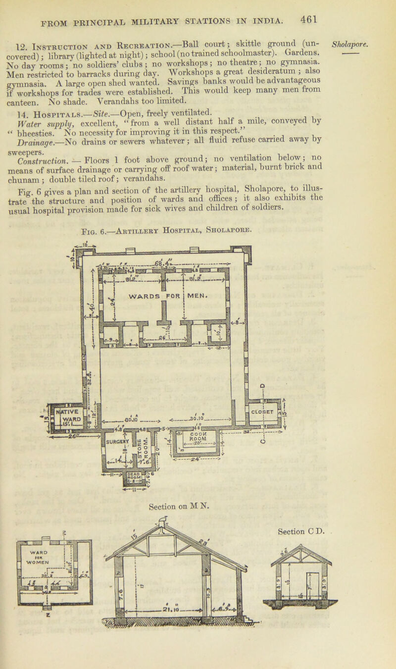 12 Instruction and Recreation.—Ball court; skittle ground (un- Sholapore. covered); library (lighted at night); school (no trained schoolmaster). Gardens. No day rooms;‘no soldiers’ clubs; no workshops; no theatre; no gymnasia. Men restricted to barracks during day. Workshops a great desideratum ; also gymnasia. A large open shed wanted. Savings banks would he advantageous if workshops for trades were established. This would keep many men from canteen. No shade. Verandahs too limited. 14. Hospitals.—Site.—Open, freely ventilated. Water supply, excellent, “ from a well distant half a^ mile, conveyed by “ bheesties. No necessity for improving it in this respect.” Drainage.—No drains or sewers whatever; all fluid refuse carried away by Construction. — Floors 1 foot above ground; no ventilation below; no means of surface drainage or carrying off roof water; material, burnt brick and chunam ; double tiled roof; verandahs. Fig. 6 gives a plan and section of the artillery hospital, Sholapore, to illus- trate the structure and position of wards and offices; it also exhibits the usual hospital provision made for sick wives and children of soldiers. Fig. 6.—Artillert Hospital, Sholapore.