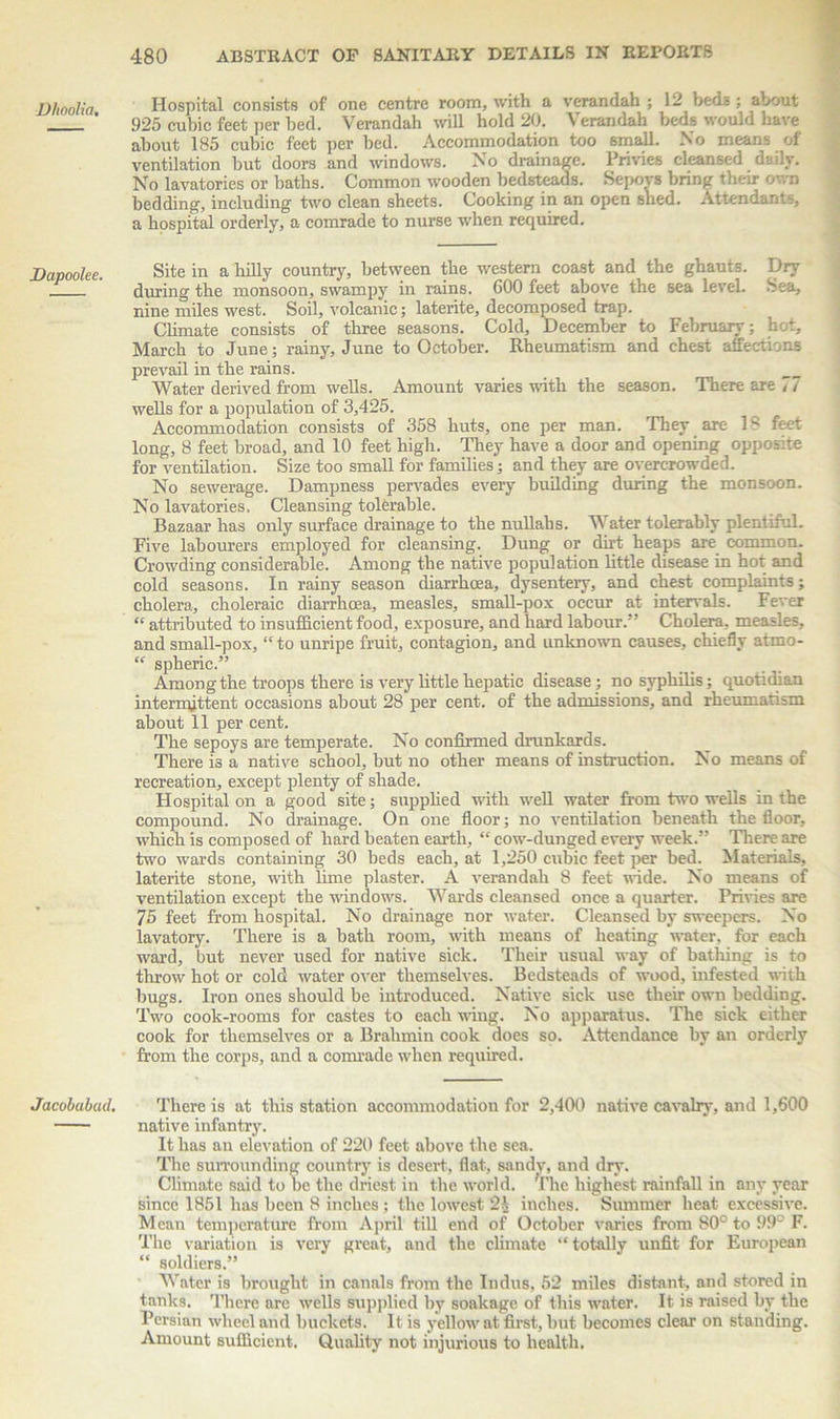 Dhoolia, Dapoolee. Jacobabud. Hospital consists of one centre room, with a verandah ; 12 beds ; about 925 cubic feet per bed. Verandah will hold 20. Verandah beds would have about 185 cubic feet per bed. Accommodation too smalL No means of ventilation but doors and windows. No drainage. Privies cleansed daily. No lavatories or baths. Common wooden bedsteads. Sepovs bring their own bedding, including two clean sheets. Cooking in an open shed. Attendants, a hospital orderly, a comrade to nurse when required. Site in a hilly country, between the western coast and the ghauts. Dry during the monsoon, swampy in rains. 600 feet above the sea level. Sea, nine miles west. Soil, volcanic; laterite, decomposed trap. Climate consists of three seasons. Cold, December to February; hot, March to June; rainy, June to October. Rheumatism and chest affections prevail in the rains. Water derived from wells. Amount varies with the season. There are 77 wells for a population of 3,425. Accommodation consists of 358 huts, one per man. They are 18 feet long, 8 feet broad, and 10 feet high. They have a door and opening opposite for ventilation. Size too small for families; and they are overcrowded. No sewerage. Dampness pervades every building during the monsoon. No lavatories. Cleansing tolerable. Bazaar has only surface drainage to the nullahs. Water tolerably plentiful. Five labourers employed for cleansing. Dung or dirt heaps are common. Crowding considerable. Among the native population little disease in hot and cold seasons. In rainy season diarrhoea, dysentery, and chest complaints; cholera, choleraic diarrhoea, measles, small-pox occur at intervals. Fever “ attributed to insufficient food, exposure, and hard labour.” Cholera, measles, and small-pox, “ to unripe fruit, contagion, and unknown causes, chiefly atmo- “ spheric.” Among the troops there is very little hepatic disease; no syphilis: quotidian intermittent occasions about 28 per cent, of the admissions, and rheumatism about 11 per cent. The sepoys are temperate. No confirmed drunkards. There is a native school, but no other means of instruction. No means of recreation, except plenty of shade. Hospital on a good site; supplied with well water from two wells in the compound. No drainage. On one floor; no ventilation beneath the floor, which is composed of hard beaten earth, “ cow-dunged every week.” There are two wards containing 30 beds each, at 1,250 cubic feet per bed. Materials, laterite stone, with lime plaster. A verandah 8 feet wide. No means of ventilation except the windows. Wards cleansed once a quarter. Privies are 75 feet from hospital. No drainage nor water. Cleansed by sweepers. No lavatory. There is a bath room, with means of heating water, for each ward, but never used for native sick. Their usual way of bathing is to throw hot or cold water over themselves. Bedsteads of wood, infested with bugs. Iron ones should be introduced. Native sick use their own bedding. Two cook-rooms for castes to each wing. No apparatus. The sick either cook for themselves or a Brahmin cook does so. Attendance by an orderly from the corps, and a comrade when required. There is at this station accommodation for 2,400 native cavalry, and 1,600 native infantry. It has an elevation of 220 feet above the sea. The surrounding country is desert, flat, sandy, and dry. Climate said to be the driest in the world. The highest rainfall in any year since 1851 has been 8 inches; the lowest 2£ inches. Summer heat excessive. Mean temperature from April till end of October varies from 80° to 9.9C F. The variation is very great, and the climate “totally unfit for European “ soldiers.” Water is brought in canals from the Indus, 52 miles distant, and stored in tanks. There are wells supplied by soakage of this water. It is raised by the Persian wheel and buckets. It is yellow at first, but becomes clear on standing. Amount sufficient. Quality not injurious to health.