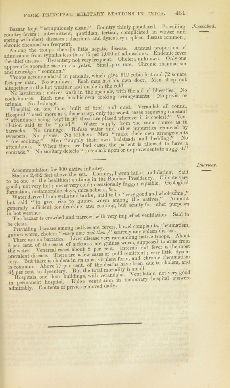 Bazaar kept “ scrupulously clean.” Country thinly populated. Prevailing country fevers: intermittent, quotidian, tertian, complicated in winter and spring with chest diseases; diarrhoea and dysentery; spleen disease common ; chronic rheumatism frequent. . Among the troops there [is little hepatic disease. Annual proportion of admissions from syphilis less than 15 per 1,000 of admissions. Endemic fever the chief disease. Dysentery not very frequent. Cholera unknown. Only one apparently sporadic case in six years. Small-pox rare. Chronic rheumatism an^:;;r!Sm=in pendalls, which give 612 cubic feet and 72 square feet per man. No windows. Each man has his own door. Men sleep out altogether in the hot weather and inside in the cold. „ No lavatories; natives wash in the open air, with the aid of bheesties. No cook-houses. Each man has his own cooking arrangements. No privies or ”Spi«°oftrioor, built of brick and mud. Verandah all round Hospital “ used more as a dispensary, only the worst cases requning constant « attendance being kept in it; these are placed wherever it is coolest. V en- tiiation said to be “ good.” Water supply from the same source as m barracks No drainage. Refuse water and other impurities removed by sweepers. No privies No kitchen. Men “make their own arrangements « for cooking.” Men “ supply their own bedsteads and bedding. No attendance. “ When there are bad cases, the patient is allowed to have a comrade.” No sanitary defects “ to remark upon or improvements to suggest. Accommodation for 900 native infantry. _ _ ^ i Station 2,482 feet above the sea. Country, barren hills ; unduiatmg. Said goo^^not/ occaLn^y^ggyT equable. Geological *-^SSSatS^S!E3it^^ STb- - ;;ScSefo^k4s =„rbu^^. mThe bazaarVs crowded and narrow, with very imperfect ventilation. Said to bC Prevailing diseases among natives are fevers, bowel complaints, rheumatism, guinea worm, cholera “every now and then scarcely any siheen diseas ^ There are Ao barracks. Liver disease very rare to 8ner cent of the cases of sickness are guinea worm, supposed to arise ft 2 wato Venereal cases about 8 per cent. Intermittent fever JS the most prevalent disease. There are a few cases of “““M rheumatism Sm^^ Ch01- 41, per cent, to dysentery. But the total mortality xanot yery good Hospitals, one floor buildings, with verandahs. hospital answers in permanent hospital. Ridge ventilation in temporary hospital admirably. Contents of privies removed daily. Jacobabad. Dharwar.