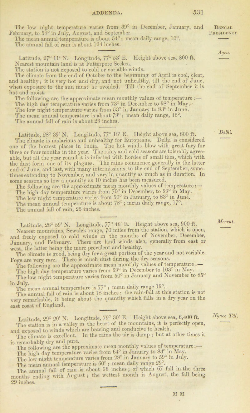 The low night temperature varies from 39° in December, January, and February, to 58° in July, August, and September. The mean annual temperature is about 54°; mean daily range, 10°. The annual fall of rain is about 124 inches. Latitude, 27° IF N. Longitude, 77° 53' E. Height above sea, 800 ft. Nearest mountain land is at Futterpore Seckra. The station is not exposed to cold or variable winds. The climate from the end of October to the beginning of April is cool, clear, and healthy; it is very hot and dry, and not unhealthy, till the end of June, when exposure to the sun must be avoided. Till the end of September it is hot and moist. The following are the approximate mean monthly values of temperature :— The high day temperature varies from 73° in December to 98° in May. The low night temperature varies from 53° in January to 83° in June. The mean annual temperature is about 78°; mean daily range, 15°. The annual fall of rain is about 23 inches. Latitude, 28° 39' N. Longitude, 77° 18' E. Height above sea, 800 ft. The climate is malarious and unhealthy for Europeans. Delhi is considered one of the hottest places in India. The hot winds blow with great fury for three or four months in the year. The rainy and cold seasons are tolerably agree- able, but all the year round it is infected with hordes of small flies, which with the dust form one of its plagues. The rains commence generally in the latter end of June, and last, with many intermissions, to the end of September, some- timesextending to November, and vary in quantity as much as in duration. In some seasons so low a quantity as 10 inches has been measured. The following are the approximate mean monthly values of temperature:— The high dav temperature varies from 70° in December, to 99° in May. The low night temperature varies from 50° in January, to 83° in June. The mean annual temperature is about 78°; mean daily range, 17°. The annual fall of rain, 25 inches. Latitude, 28° 59' N. Longitude, 77° 4<i' E. Height above sea, 900 ft. Nearest mountains, Sewalek range, 70 miles from the station, which is open, and freely exposed to cold winds in the months of November, December, January, and February. There are land winds also, generally from east or west, the latter being the more prevalent and healthy. The climate is good, being dry for a great portion of the year and not variable. Fogs are very rare. There is much dust during the dry seasons. The following are the approximate mean monthly values of temperature : — The high day temperature varies from 59° in December to 103° in May. The low night temperature varies from 50° in January and November to 85° in July. . , ,no The mean annual temperature is 77 ; mean daily range 19 . The annual fall of rain is about 18 inches; the rain-fall at this station is not very remarkable, it being about the quantity which falls in a dry year on the east coast of England. Latitude, 29° 20' N. Longitude, 7-9° 30' E. Height above sea, G,400 ft. The station is in a valley in the heart of the mountains, it is perfectly open, and exposed to winds which are bracing and conducive to health. The climate i3 excellent. In the rains the air is damp ; but at other times it is remarkably dry and pure. The following are the approximate mean monthly values or temperature:— The high day temperature varies from 64° in January to 83° in May. The low night temperature varies from 28° in January to 59° in July. The mean annual temperature is 60°; mean daily range 29°. The annual fall of rain is about 96 inches; of which 67 fall in the three months ending with August; the wettest month is August, the fall being 29 inches. Bengal Presidency. Agra. Delhi. Meerut. Nynee Tal. M M