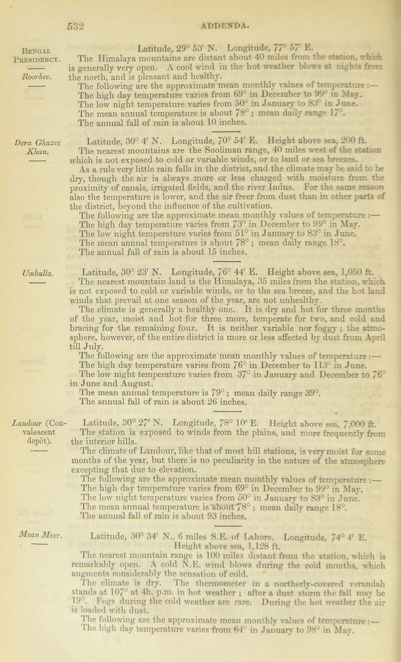 Bengal Presidency. lioorkee. Dcra Ghazee Khan. UmbaUa. Landour (Con- valescent depot). Mean Mecr. Latitude, 29° 53' N. Longitude, 77° 57' E. The Himalaya mountains are distant about 40 miles from the station, which is generally very open. A cool wind in the hot weather blows at nights from the north, and is pleasant and healthy. The following are the approximate mean monthly values of temperature:— The high day temperature varies from 69^ in December to 99° in May. The low night temperature varies from 50-' in January to 83° in June. The mean annual temperature is about 78°; mean daily range 17'. The annual fall of rain is about 10 inches. Latitude, 30° 4' N. Longitude, 70° 54' E. Height above sea, 200 ft. The nearest mountains are the Sooliman range, 40 miles west of the station which is not exposed to cold or variable winds, or to land or sea breezes. As a rule very little rain falls in the district, and the climate may be said to be dry, though the air is always more or less charged with moisture from the proximity of canals, irrigated fields, and the river Indus. For the same reason also the temperature is lower, and the air freer from dust than in other parts of the district, beyond the influence of the cultivation. The following are the approximate mean monthly values of temperature :— The high day temperature varies from 73° in December to 99° in May. The low night temperature varies from 51° in January to 83' in June. The mean annual temperature is about 78°; mean daily range 18°. The annual fall of rain is about 15 inches. Latitude, 30° 23' N. Longitude, 76° 44' E. Height above sea, 1,050 ft. The nearest mountain land is the Himalaya, 35 miles from the station, which is not exposed to cold or variable winds, or to the sea breeze, and the hot land winds that prevail at one season of the year, are not unhealthy. The climate is generally a healthy one. It is dry and hot for three months of the year, moist and hot for three more, temperate for two, and cold and bracing for the remaining four. It is neither variable nor foggy ; the atmo- sphere, however, of the entire district is more or less affected by dust from April till July. The following are the approximate mean monthly values of temperature:— The high day temperature varies from 76° in December to 113° in June. The low night temperature varies from 37° in January and December to 76 in June and August. The mean annual temperature is 79°; mean daily range 39°. The annual fall of rain is about 26 inches. Latitude, 30° 27' N. Longitude, 78° 10' E. Height above sea, 7.000 ft. The station is exposed to winds from the plains, and more frequentlv from the interior hills. The climate of Landour, like that of most hill stations, is very moist for some months of the year, but there is no peculiarity in the nature of the atmosphere excepting that due to elevation. The following are the approximate mean monthly values of temperature :— The high day temperature varies from 69° in December to 99° in May. The low night temperature varies from 50° in January to 83° in June. The mean annual temperature is'about 78° j mean daily range 18°. The annual fall of rain is about 93 inches. Latitude, 30° 34' N., 6 miles S.E. of Lahore. Longitude. 74° 4' E. Height above sea, 1,128 ft. The nearest mountain range is 100 miles distant from the station, which is remarkably open. A cold N.E. wind blows during the cold months, which augments considerably the sensation of cold. The climate is dry. The thermometer in a northerly-covered verandah stands at 107° at 4h. p.m. in hot weather ; after a dust storm the fall may be 19°. Fogs during the cold weather are rare. During the hot weather the air is loaded with dust. The following are the approximate mean monthly values of temperature:— llie high day temperature varies from 64° in January to 98° in May.