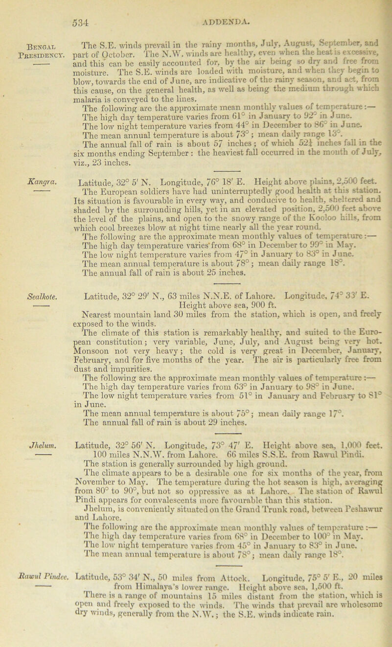 Bengal The S.E. winds prevail in the rainy months, July, August, September, and Presidency, part of October. The N.W. winds are healthy, even when the hea.e<cessi\e, and this' can be easily accounted for, by the air being so dry and f ree from -j moisture. The S.E. winds are loaded with moisture, and when they begin to blow, towards the end of June, are indicative of the rainy season, and act, from j this cause, on the general health, as well as being the medium through which malaria is conveyed to the lines. The following are the approximate mean monthly values of temperature:— The high day temperature varies from 61' in January to 92' in June. The low night temperature varies from 44° in December to 86° in June. The mean annual temperature is about 73°; mean daily range Id'. The annual fall of rain is about 57 inches; of which 52f inches fall in the six months ending September : the heaviest fall occurred in the mouth of July, viz., 23 inches. Kangra, Latitude, 32° 5' N. Longitude, 76° 18' E. Height above plains, 2,500 feet. • The European soldiers have had uninterruptedly good health at this station. Its situation is favourable in every way, and conducive to health, sheltered and shaded by the surrounding hills, yet in an elevated position. 2,500 feet above the level of the plains, and open to the snowy range of the Kooloo hills, from which cool breezes blow at night time nearly all the year round. The following are the approximate mean monthly values of temperature:— The high day temperature varies'from 68° in December to 99° in May. The low night temperature varies from 47° in January to 83c in June. The mean annual temperature is about 78°; mean daily range 183. The annual fall of rain is about 25 inches. Sealkote. Latitude, 32° 29' N., G3 miles N.N.E. of Lahore. Longitude, 74* 33' E. Height above sea, 900 ft. Nearest mountain land 30 miles from the station, which is open, and freely exposed to the winds. The climate of this station is remarkably healthy, and suited to the Euro- pean constitution; very variable, June, July, and August being very hot. Monsoon not very heavy; the cold is very great in December, January, February, and for five months of the year. The air is particularly free from dust and impurities. The following are the approximate mean monthly values of temperature :— The high day temperature varies from 63° in January to 98° in June. The low night temperature varies from 51° in January and February to 81° in June. The mean annual temperature is about 75°; mean daily range 17°. The annual fall of rain is about 29 inches. Jhelum. Latitude, 32° 56'N. Longitude, 73° 47' E. Height above sea, 1,000 feet. 100 miles N.N.W. from Lahore. 66 miles S.S.E. from llawul Pindi. The station is generally surrounded by high ground. The climate appears to be a desirable one for six months of the year, from November to May. The temperature during the hot season is high, averaging from 80° to 90°, but not so oppressive as at Lahore. The station of Rawul Pindi appears for convalescents more favoui-able than this station. Jhelum, is conveniently situated on the Grand Trunk road, between Pesliawur and Lahore. The following are the approximate mean monthly values of temperature :— The high day temperature varies from 68° in December to 100° in May. The low night temperature varies from 45° in January to 83° in June. The mean annual temperature is about 78°; mean daily range 18°. llawul Pindce. Latitude, 53° 34' N., 50 miles from Attock. Longitude, 75° 5' E., 20 miles ^ from Himalaya's lower range. Height above sea, 1,500 ft. There is a range of mountains 15 miles dislant from the station, which is open and freely exposed to the winds. The winds that prevail are wholesome dry winds, generally from the N.W.; the S.E. winds indicate rain.