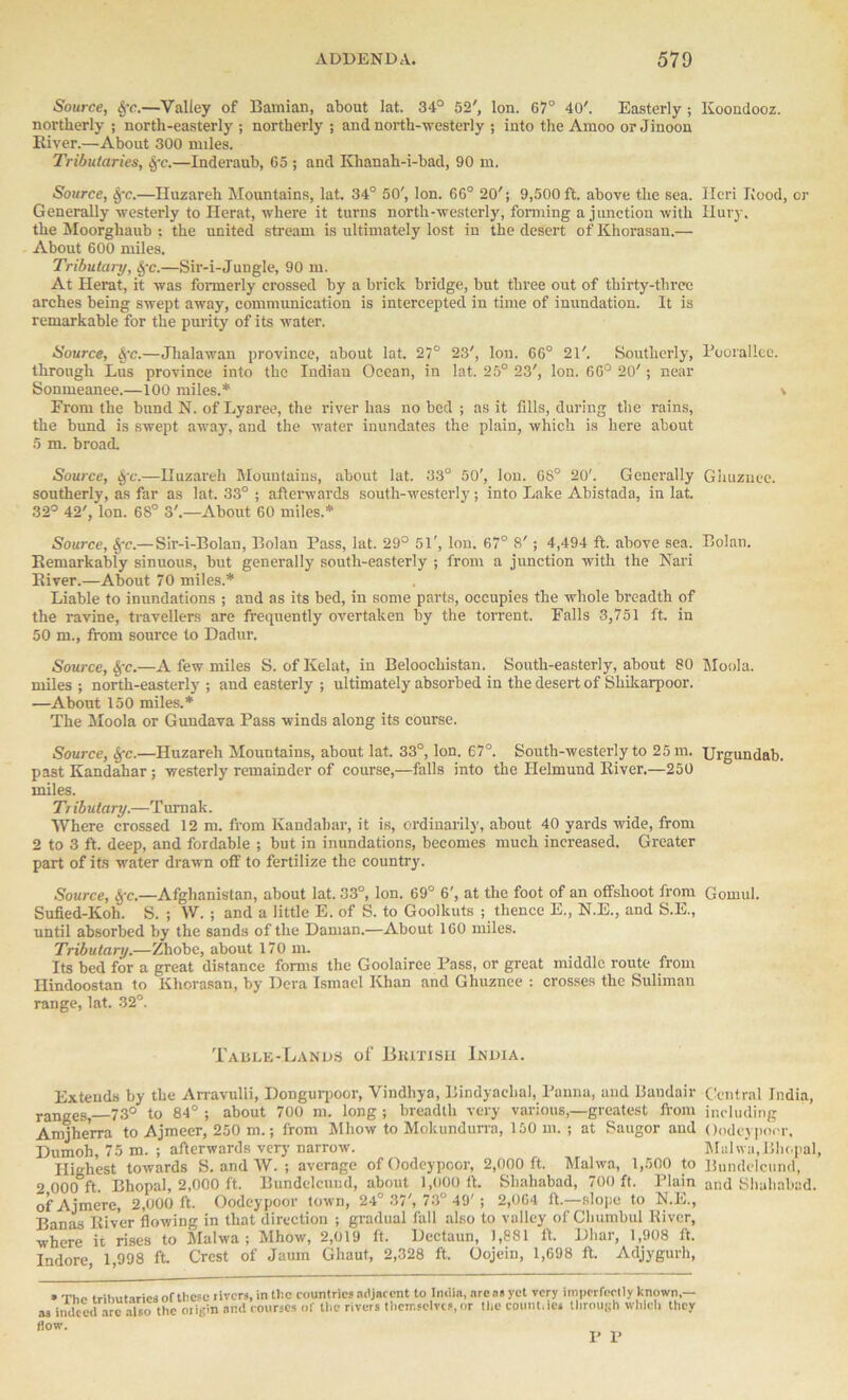 Source, Sec.—Valley of Bamian, about lat. 34° 52', Ion. 67° 40'. Easterly ; Iioondooz. northerly ; north-easterly ; northerly ; and north-westerly ; into the Amoo or Jinoon River.—About 300 miles. Tributaries, Sfc.—Inderaub, G5 ; and Khanah-i-bad, 90 m. Source, Sfc.—Huzareh Mountains, lat. 34° 50', Ion. 66° 20'; 9,500 ft. above the sea. Ileri Rood, or Generally westerly to Herat, where it turns north-westerly, forming a junction with Hury. the Moorghaub : the united stream is ultimately lost in the desert of Khorasan.— About 600 miles. Tributary, §-e.—Sir-i-Jungle, 90 m. At Herat, it was formerly crossed by a brick bridge, but three out of thirty-three arches being swept away, communication is intercepted in time of inundation. It is remarkable for the purity of its water. Source, §-e.—Jhalawan province, about lat. 27° 23', Ion. 66° 21'. Southerly, Poorallee. through Lus province into the Indian Ocean, in lat. 25° 23', Ion. 66° 20' ; near Sonmeanee.—100 miles.* v From the bund N. of Lyaree, the river has no bed ; as it fills, during the rains, the bund is swept away, and the water inundates the plain, which is here about 5 m. broad. Source, §c.—Huzareh Mountains, about lat. 33° 50', Ion. 08° 20'. Generally Ghuznee. southerly, as far as lat. 33° ; afterwards south-westerly ; into Lake Abistada, in lat. 32° 42', Ion. 68° 3'.—About 60 miles.* Source, Sfc.—Sir-i-Bolau, Bolan Pass, lat. 29° 51', Ion. 67° 8' ; 4,494 ft. above sea. Bolan. Remarkably sinuous, but generally south-easterly ; from a junction with the Nari River.—About 70 miles.* Liable to inundations ; and as its bed, in some parts, occupies the whole breadth of the ravine, travellers are frequently overtaken by the torrent. Falls 3,751 ft. in 50 m., from source to Dadur. Source, fyc.—A few miles S. of Kelat, in Beloochistan. South-easterly, about 80 Moola. miles ; north-easterly ; and easterly ; ultimately absorbed in the desert of Shikarpoor. —About 150 miles.* The Moola or Gundava Pass winds along its course. Source, fyc.—Huzareh Mountains, about lat. 33°, Ion. 67°. South-westerly to 25 m. Urgundab. past Kandahar; westerly remainder of course,—falls into the Helmund River.—250 miles. Tributary.—Tumak. Where crossed 12 m. from Kandahar, it is, ordinarily, about 40 yards wide, from 2 to 3 ft. deep, and fordable ; but in inundations, becomes much increased. Greater part of its water drawn off to fertilize the country. Source, Sfc.—Afghanistan, about lat. 33°, Ion. 69° 6', at the foot of an offshoot from Gomul. Sufied-Koh. S. ; W. ; and a little E. of S. to Goolkuts ; thence E., N.E., and S.E., until absorbed by the sands of the Daman.—About 160 miles. Tributary.—Zhobe, about 170 m. Its bed for a great distance forms the Goolairee Pass, or great middle route from Hindoostan to Khorasan, by Dera Ismael Khan and Ghuznee : crosses the Suliman range, lat. 32°. Table-Lands of Jiiuxisu India. Extends by the Arravulli, Dongurpoor, Vindhya, Bindyaebal, Panna, and Baudair Central India, ranges,—73° to 84° ; about 700 m. long ; breadth very various,—greatest from including Anijherra to Ajmeer, 250 m.; from Mhow to Mokundurra, 150 m. ; at Saugor and Oodeypoor, Dumoh, 75 m. ; afterwards very narrow. Malwa,Bhopal, Highest towards S. and W. ; average of Oodeypoor, 2,000 ft. Malwa, 1,500 to Bundelcund, 2 000 ft. Bhopal, 2,000 ft. Bundclcund, about 1,000 ft. Sliahabad, 700 ft. Plain and Shahabad. ofAjmere, 2,000 ft. Oodeypoor town, 24° 37', 73° 49'; 2,064 ft.—slope to N.E., Banas River flowing in that direction ; gradual fall also to valley of Chumbul River, where it rises to Malwa; Mhow, 2,019 ft. Deetaun, 1,881 ft. Dhar, 1,908 ft. Indore, 1,998 ft. Crest of Jaum Ghaut, 2,328 ft. Oojein, 1,698 ft. Adjygurh, ■ The tributaries of these livers, in the countries adjacent to India, areas yet very imperfectly known,- as indeed arc also the oiigin and courses of the rivers themselves,or the count.ici through which they thev