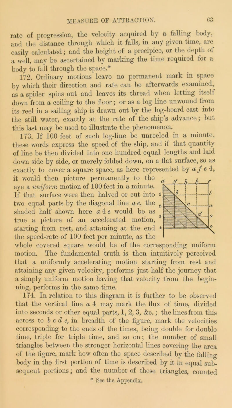 rate of progression, the velocity acquired by a falling body, and the distance through which it falls, in any given time, are easily calculated; and the height of a precipice, or the depth ot a well, may be ascertained by marking the time required for a body to fall through the space.* 172. Ordinary motions leave no permanent mark in space by which their direction and rate can be afterwards examined, as a spider spins out and leaves its thread when letting itself down from a ceiling to the floor; or as a log line unwound from its reel in a sailing ship is drawn out by the log-board cast into the still water, exactly at the rate of the ship’s advance; but this last may be used to illustrate the phenomenon. 173. If 100 feet of such log-line be unreeled in a minute, these words express the speed of the ship, and if that quantity of line be then divided into one hundred equal lengths and laid down side by side, or merely folded down, on a flat surface, so as exactly to cover a square space, as here represented by a f e 4, it would then picture permanently to the eye a uniform motion of 100 feet in a minute. If that surface were then halved or cut into two equal parts by the diagonal line a e, the 2 shaded half shown here a 4 e would be as true a picture of an accelerated motion, starting from rest, and attaining at the end the speed-rate of 100 feet per minute, as the whole covered square would be of the corresponding uniform motion. The fundamental truth is then intuitively perceived that a uniformly accelerating motion starting from rest and attaining any given velocity, performs just half the journey that a simply uniform motion having that velocity from the begin- ning, performs in the same time. 174. In relation to this diagram it is further to be observed that the vertical line a 4 may mark the flux of time, divided into seconds or other equal parts, 1, 2, 3, &c.; the lines from this across to bed e, in breadth of the figure, mark the velocities corresponding to the ends of the times, being double for double time, triple for triple time, and so on; the number of small triangles between the stronger horizontal lines covering the area of the figure, mark how often the space described by the falling body in the first portion of time is described by it in equal sub- sequent portions; and the number of these triangles, counted * Sec the Appendix.