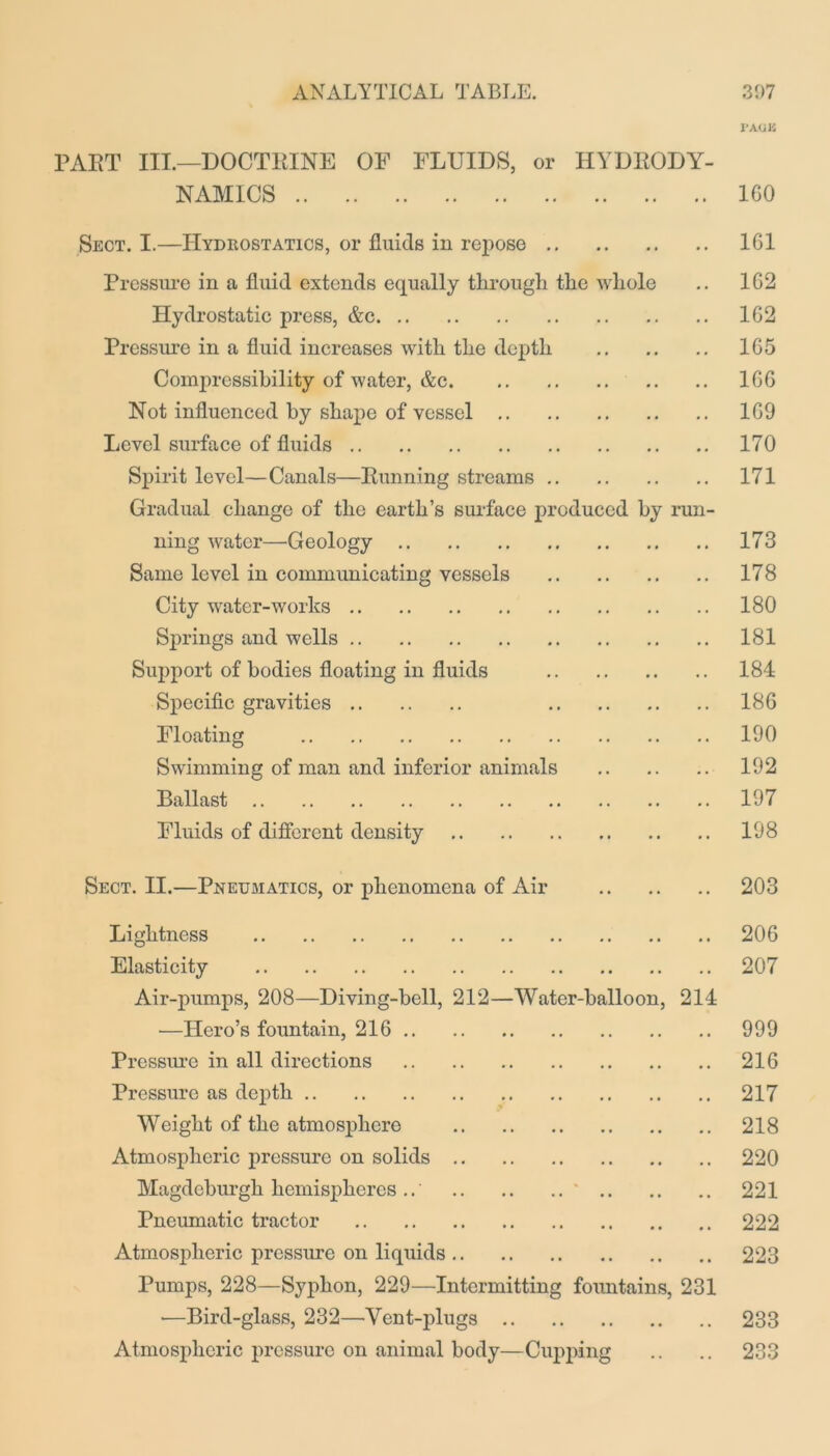 I’AOJJ PART III.—DOCTRINE OF FLUIDS, or HYDRODY- NAMICS 160 Sect. I.—Hydrostatics, or fluids in repose 161 Pressure in a fluid extends equally through the whole .. 162 Hydrostatic press, &c 162 Pressure in a fluid increases with the depth 165 Compressibility of water, &c 166 Not influenced by shape of vessel 169 Level surface of fluids 170 Spirit level—Canals—Running streams 171 Gradual change of the earth’s surface produced by run- ning water—Geology 173 Same level in communicating vessels 178 City water-works 180 Springs and wells 181 Support of bodies floating in fluids 184 Specific gravities 186 Floating 190 Swimming of man and inferior animals 192 Ballast 197 Fluids of different density 198 Sect. II.—Pneumatics, or phenomena of Air 203 Lightness 206 Elasticity 207 Air-pumps, 208—Diving-bell, 212—Water-balloon, 214 —Hero’s fountain, 216 999 Pressure in all directions 216 Pressure as depth 217 Weight of the atmosphere 218 Atmospheric pressure on solids 220 Magdeburgh hemispheres..' 221 Pneumatic tractor 222 Atmospheric pressure on liquids 223 Pumps, 228—Syphon, 229—Intermitting fountains, 231 —Bird-glass, 232—Yent-plugs 233 Atmospheric pressure on animal body—Cupping .. .. 233