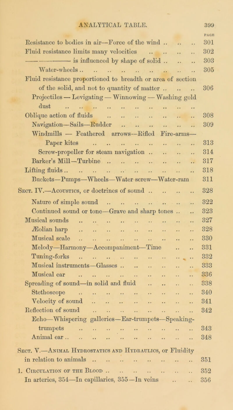 PAGE Resistance to bodies in air—Force of the wind 801 Fluid resistance limits many velocities 302 is influenced by shape of solid 303 Water-wheels 305 Fluid resistance proportioned to breadth or area of section of the solid, and not to quantity of matter 306 Projectiles — Levigating — Winnowing — Washing gold dust Oblique action of fluids 308 Navigation—Sails—Rudder 309 Windmills — Feathered arrows—Rifled Fire-arms— Paper kites 313 Screw-propeller for steam navigation 314 Barker’s Mill—Turbine 317 Lifting fluids 318 Buckets—Pumps—Wheels—Water screw—Water-ram 311 Sect. IY.—Acoustics, or doctrines of sound 328 Nature of simple sound 322 Continued sound or tone—Grave and sharp tones .. .. 323 Musical sounds 327 iFolian harp 328 Musical scale 330 Melody—Harmony—Accompaniment'—Time .. .. 331 Tuning-forks .. 332 Musical instruments—Glasses 333 Musical car 336 Spreading of sound—in solid and fluid 338 Stethoscope 340 Velocity of sound 341 Reflection of sound 342 Echo—Whispering galleries—Ear-trumpets—Speaking- trumpets 343 Animal ear 348 Sect. Y.—Animal Hydrostatics and Hydraulics, or Fluidity in relation to animals 351 1. Circulation of the Blood 352 In arteries, 354—In capillaries, 355—In veins .. .. 356