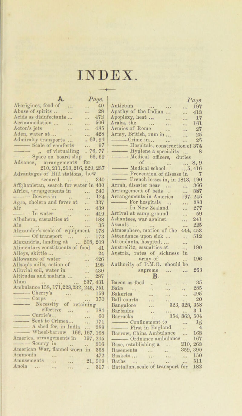 INDEX A. Page. Aborigines, food of ... 40 Abuse of spirits ... 28 Acids as disinfectants ... ... 472 Accommodation ... 506 Acton’s jets ... 485 Aden, water at ... ... 428 Admiralty transports ... .. 63, 94 Scale of comforts ... 97 „ of victualling .. 76, 77 Space on board ship 66, 69 Advance, arrangements for 210,211,213,216,229, 237 Advantages of Hill stations. how secured ... 340 Affghanistan, search for water in 430 Africa, arrangements in ... 240 • Bowers in ... 124 Agra, cholera and fever at ... 337 Air ... 439 In water ... 419 Albuhera, casualties at ... 188 Ale ... 35 Alexander’s scale of equipment 178 Of transport ... ... 173 Alexandria, landing at ... 208, 209 Alimentary constituents of food 41 Alleys, skittle... . . ... 24 Allowance of water ... 426 Allsop’s mills, action of 198 Alluvial soil, water in ... 430 Altitudes and malaria ... ... 287 Alum 237, 431 Ambulance 158,171,228,232, 245, 251 Cherry’s ... ... 159 Corps ... ... 170 Necessity of retaining elfective ... .. 184 Currie’s... ... ... 60 Sent to Crimea 171 A shed for, in India ... 389 Wheel-barrow 166, 167, 168 America, arrangements in 197, 245 Scurvy in 316 American War, flannel worn in 368 Ammonia ... ... 4,72 Amusements 21, 509 Anola ... ... ... .. 317 Page Antietam 197 Apathy of the Indian 413 Apoplexy, heat ... ... ... 17 Araba, the ... ... ... 161 Armies of Rome ... ... 27 Army, British, rum in 25 Crime in... ... ... 25 Hospitals, construction of 374 Hygiene a speciality ... 8 Medical officers, duties of 8, 9 Medical school ...5,416 Prevention of disease in 7 French losses in, in 1813, 190 Arrah, disaster near ... ... 366 Arrangement of beds ... 387 Arrangements in America 197, 245 For hospitals ... ... 383 In New Zealand ... 277 Arrival at camp ground ... 59 Ashantees, war against ... 241 Assault ... 225 Atmosphere, motion of the 444, 453 Attendance upon sick ... Attendants, hospital, ... ... 512 Austrelitz, casualties at ... 190 Austria, rates of sickness in army of ... 196 Authority of P.M.O. should be supreme ... 263 B. Bacon as food ... 35 Bairn .. 285 Bakeries ... 495 Ball courts ... 20 Bangalore ... 323, 328, 358 Barbados ... 3 1 Barracks ... 354, 863, 504 Confinement to ... IS First in England 4 Barrow, China Ambulance ... 168 Ordnance ambulance . 167 Base, establishing a ... 210, 263 Basements 359, 390 Baskets ... ... 150 Baths ... 511 Battalion, scale of transport for 182