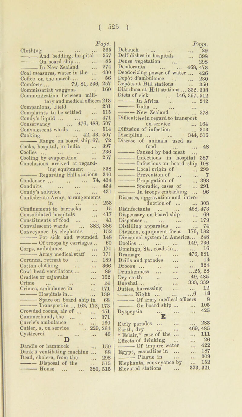 Page. Clothing 365 And bedding, hospital 257 On board ship ... ... 85 In New Zealand ... 274 Coal measures, water in the ... 430 Coffee on the march ... ... 56 Comforts... 79,81,236,257 Commissariat waggons 160 Communication between mili- tary and medical officers 213 Companions, Field .. 231 Complaints to be settled ... 515 Condy’s liquid ... ... ... 471 Conservaucy ... 476, 488, 507 Convalescent wards ... 514 Cooking ... ... 42, 43, 50/ Range on board ship 67, 72 Cooks, hospital, in India ... 397 Coolies ... ... .. ... 236 Cooling by evaporation ... 257 Conclusions arrived at regard- ing equipment ... 238 Regarding Hill stations 340 Condenser ... .. ... 74, 434 Conduits ... ... ... 434 Condy’s solution ... ... 431 Confederate Army, arrangements in ... ... 253 Confinement to barracks ... 15 Consolidated hospitals ... 417 Constituents of food ... ... 41 Convalescent wards ... 382, 386 Conveyance by elephants ... 152 For sick and wounded 148 Of troops by carriages .. 60 Corps, ambulance ... ... 170 Army medical staff ... 171 Corunna, retreat to ... ... 189 Cotton clothing ... ... 366 Cowl head ventilators ... ... 89 Cradles or cajawahs ... 152 Crime ... ... ... 24 Crimea, ambulance in ... 171 Hospitals in... ... 139 Space on board ship in 68 Transport in ... 162, 172, 173 Crowded rooms, air of 451 Cummerbund, the ... ... 371 Currie’s ambulance 160 Cutler, a, on service ... 229, 264 Cysticerci 46 D Dandie or hammock 150 Dank’s ventilating machine ... 88 Dead, cholera, from the ... 298 Disposal of the ... 515 House 389, 515 Page. Debauch ... 29 Delf dishes in hospitals ... 398 Dense vegetation ... 298 Deodorants 468,473 Deodorizing power of water ... 426 Dep6t d’ambulance 230 Dep6ts at Hill stations ... 350 Diarrhoea at Hill stations ... 332, 338 Diets of sick ... 146, 397, 512 In Africa ... ... 242 India ... New Zealand ... ... 278 Difficulties in regard to transport on service ... 164 Diffusion of infection ... 303 Discipline ... ... 344, 515 Disease of animals used as food Caused by bad meat Infectious in hospital Infectious on board ship Local origin of Prevention of ... Propagation of Sporadic, cases of In troops embarking 48 387 108 293 7 393 291 96 Diseases, aggravation and intro- duction of ... ... 303 Disinfectants ... ... 468, 473 Dispensary on board ship ... 69 Dispenser... ... ... ... 179 Distilling apparatus ... ... 74 Division, equipment for a 176, 182 Divisional system in America... 248 Doolies ... ... ... 149, 236 Domingo, St., roads in 16 Drainage ... ... 476, 581 Drills and parades ... ... 14 Droogs ... .. .. ... 324 Drunkenness ... ... ...25, 28 Dry earth .. ... 49, 485 Dugshai ... .. ... 333, 339 Duties, harrassing 12 • Night 6 Of army medical officers On board ship ... Dyspepsia 18 8 105 425 E Early parades ... ... ••• 283 Earth, dry ... ... 469,485 “ Eclair,” case of the Ill Effects of drinking 26 Of impure water ... 422 Egypt, casualties in ... ... 187 Plague in ... ... 309 Elephants, conveyance by ... 152 Elevated stations ... 323,321