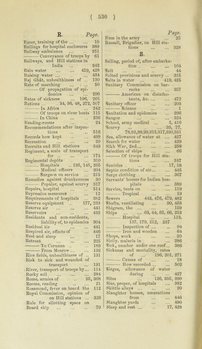 R. Page, Racer, training of the 10 Railings for hospital enclosures 389 Railway ambulance ... ... 251 — Conveyance of troops by 61 Railways, and Hill stations in India ... 342 Rain water ... ... 419, 428 Raising water ... ... ... 434 Raj Ghat, unhealthiness of ... 130 Rate of marching 50 Of propagation of epi- demics ... ... 296 Rates of sickness ... 196, 201 Rations ... .. 34, 36, 48, 272, 507 In Africa ... 242 Of troops on river boats 115 In China ... ... 236 Reading-rooms ... ... 24 Recommendations after inspec- tions ... ... 516 Records how kept ... ... 499 Recreation ... 20 Recruits and Hill stations 349 Regiment, a scale of transport for .. ... ... 174 Regimental depots .. ... 350 Hospitals ..136,145, 265 Medical officers ... 204 Surgeon on service ... 215 Remedies against drunkenness 30 Popular, against scurvy 317 Repairs, hospital ... ... 514 Repressive measureg ... 12 Requirements of hospitals ... 3S2 Reserve equipment ... 177, 233 Reserve air ... ... ... 441 Reservoirs ... ... ... 435 Residents and non-residents, liability of, to epidemics 304 Residual air ... ... 441 Respired air, effects of ... 446 Rest and sleep ... 17 Retreat ... ... ... 225 To Corunna ... ... 189 From Moscow ... ... 192 Rice fields, unhealthiness of .. 131 Risk to sick and wounded of transport ... 191 River, transport of troops by... 114 Rocky soil ... ... ... 284 Rome, armies of .. 25, 368 Rooms, reading 21 Rosamond, fever on board the 112 Royal Commission, opinion of on Hill stations ... 326 Rule for allotting space on Board ship Page. Rum in the army 25 Russell, Brigadier, on Hill sta- tions 328 s. Sailing, period of, after embarka- tion .. ... ... 104 Salt 44 Salted provisions and scurvy ... 315 Salts in water ... ... 419, 425 Sanitary Commission on bar- racks ... ... 357 American on disinfec- tants, &c 472 Sanitary officer ... ... 203 Science ... ... 1 Sanitation and epidemics ... 296 Saugor ... ... ... 324 School, army medical ... 5, 416 Scurvy ... . ... 39, 77, 78,82,88,99,315,317,330,331 Sea, allowance of water at ... 427 Search for water ... ... 429 Sikh War, 2nd 258 Selection of ships ... ... 66 Of troops for Hill sta- tions 347 Sentries . ... ... 17, 18 Septic condition of air... ... 445 Serge clothing .. ... ... 367 Servants’ houses for Indian hos- pitals ... ... 389 Service, tents on 119 Tropical ... ... 19 Sewers . 442,476,479,482 Shafts, ventilating ... 90, 458 Sliigram, the ... ... . 159 Ships ... ... 63, 64, 65, 66, 252 Hospital ... ... 113, 137, 179, 212, 237 Inspection of ... 94 Iron and wooden ,,, 64 Shops, work • •• 20 Sicily, malaria in ... 286 Sick, number under one roof... 3S6 Sickness and mortality. rates of ... 196, 201, 271 Causes of ... ... 18 How recorded ... ... 502 Sieges, allowance of water during ... ... 427 Sites ... 126, 355, 390 Size, proper, of hospitals ... 382 Skittle alleys ... ... ... 20 Slaughter houses, emanations from ... ... 445 Slaughter yards ... ... 490 Sleep and rest ... ... 17, 428 70