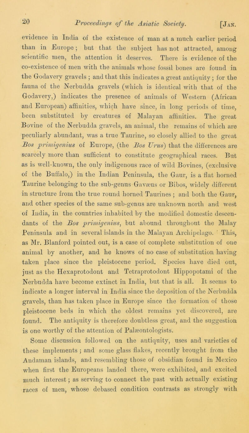 evidence in India of tlie existence of man at a mncli earlier period than in Europe; but that the subject has not attracted, among scientific men, the attention it deserves. Tliere is evidence of the co-existence of men with the animals whose fossil bones are found in the Grodaverv gravels ; and that this indicates a great anticpiity ; for the fauna of the Nerbudda gravels (which is identical with that of the Godavery,) indicates the presence of animals of Western (African and European) affinities, which have since, in long periods of time, been substituted by creatures of Malayan affinities. The great Bovine of the Nerbudda gravels, an animal, the remains of which are peculiarly abundant, was a true Taurine, so closely allied to the great Pos primigenius of Eurojie, (the Pos Tims') that the differences are scarcely more than sufficient to constitute geographical races. But as is well-known, the only indigenous race of wild Bovines, (exclusive of the Buffalo,) in the Indian Peninsula, the Gaur, is a flat horned Taurine belonging to the sub-genus GaA’a?us or Bibos, widely different in structure from the true round horned Taurines ; and both the Gaur, and other species of the same sub-genus are unknown north and west of India, in the countries inhabited by the modified domestic descen- dants of the Pos primigenius^ but abound throughout the Malay Peninsula and in several islands in the Malayan Archipelago. ' This, as Mr. Blanford pointed out, is a case of complete substitution of one animal by another, and he knows of no case of substitution having taken place since the pleistocene period. Species have died out, just as the Hexaprotodout and Tetraprotodont Hippopotami of the Nerbudda have become extinct in India, but that is all. It seems to indicate a longer interval in India since the deposition of the Nerbudda gravels, than has taken place in Europe since the formation of those pleistocene beds in wdiich the oldest remains yet discovered, are found. The antiquity is therefore doubtless great, and the suggestion is one worthy of the attention of Palaeontologists. Some discussion followed on the antiquity, uses and varieties of these implements ; and some glass flakes, recently brought from the Andaman islands, and resembling those of obsidian found in Mexico when first the Europeans landed there, were exhibited, and excited much interest; as serving to connect the past Avith actually existing races of men, whose debased condition contrasts as strongly with