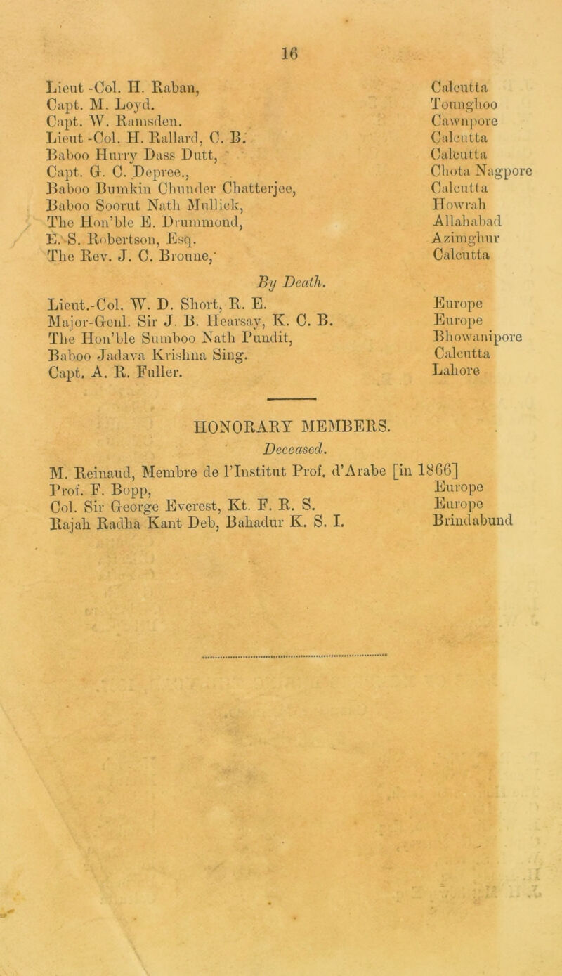 Lieut -Ool. II. Raban, Capt. M. Loyd. Capt. W. Ramsden. Lieut -Col. H. Rallard, C. R.’ Baboo Huny Dass Butt, ' ' Capt. G. C. Depvee., Ibiboo lluinkiu Clumder Cbatterjee, Baboo Soorut Nath Mullick, The Hon’ble E. Drummond, E. S. Robertson, Esq, The Rev. J. C. Broune,' By Death. Lieut.-Col. W. D. Short, R. E. Major-Genl. Sir J. B. Hearsay, K. C. B. The Ilon’ble Sumboo Nath Pundit, Baboo Jadava Kri.shna Sing. Capt. A. R. Puller. Calcutta Tounghoo Cawnpore Calcutta Calcutta Chota Nagpore Calcutta Howrah Allahabad Azimghur Calcutta Europe Europe Bhowaniporo Calcutta Lahore HONORARY MEMBERS. Deceased. M. Reinaud, Membre de I’lnstitut Prof. d’Arabe [in 1866] Prof. P. Bopp, Europe Col. Sir George Everest, Kt. F. R. S. Europe Rajah Radha Kant Deb, Bahadur K. S. I. Brindabund