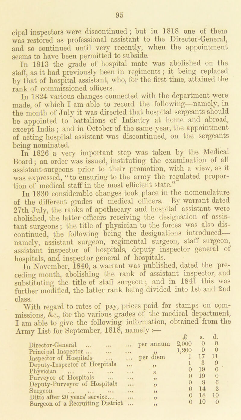 cipal inspectors were discontinued; but in 1818 one of them was restored as professional assistant to the Director-General, and so continued until very recently, when the appointment seems to have been permitted to subside. In 1813 the grade of hospital mate was abolished on the staff, as it had previously been in regiments ; it being replaced by that of hospital assistant, who, for the first time, attained the rank of commissioned officers. In 1824 various changes connected with the department were made, of wliich I am able to record the following—namely, in the month of July it was directed that hospital sergeants should be appointed to battalions of Infantry at home and abroad, except India ; and in October of the same year, the appointment of acting hospital assistant was discontinued, on the sergeants being nominated. In 1826 a very important step was taken by the Medical Board; an order was issued, instituting tire examination of all assistant-surgeons prior to their promotion, with a view, as it was expressed, “ to ensuring to the army the regulated propor- tion of medical staff in the most efficient state.” In 1830 considerable changes took place in the nomenclature of the different grades of medical officers. By warrant dated 27th July, the ranks of apothecary and hospital assistant were abolished, the latter officers receiving the designation of assis- tant surgeons; the title of physician to the forces was also dis- continued, the following being the designations introduced— namely, assistant surgeon, regimental surgeon, staff surgeon,^ assistant inspector of hospitals, deputy inspector general of hospitals, and inspector general of hospitals. In November, 1840, a warrant was published, dated the pre- ceding month, abolislring the rank of assistant inspector, and substituting the title of staff surgeon; and in 1841 this was further modified, the latter rank being divided into 1st and 2nd class. With regard to rates of pay, prices paid for stamps on com- missions, &c., for the various gi’ades of the medical department, I am able to give the following information, obtained from the Army List for September, 1818, namely :— £ s. d. Director-General Principal Inspector ... Inspector of Hospitals Deputy-Inspector of Hospitals Physician Purveyor of Hospitals Deputy-Purveyor of Hospitals Surgeon Ditto after 20 years’ service... _ Surgeon of a Kecruiting District per annum per diem V jj )) }f }} 2,000 0 0 1,200 0 0 ] 17 11 1 3 !) 0 19 0 0 19 0 0 9 6 0 14 3 0 18 10 0 10 0