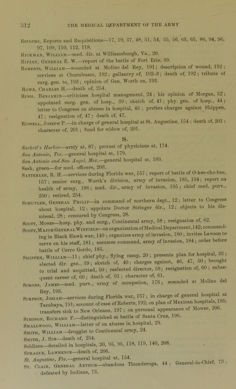 Returns, Reports and Requisitions—17, 19, 3/, 48, 61, 54, 55, 56, 63, 65, 86, 94, 96, 97, 109, 110, 112, 118. Rickman, William—med. dir. at Williamsburgh, Va., 20. Rii'Lky, General E. W.—report of the battle of Fort Erie, 99. Roberts, William—wounded at Molino del Rey, 191; description of wound, 192 ; services at Churubusco, 192 ; gallantry of, 192—3 ; death of, 192 ; tribute of surg. gen. to, 193; opinion of Gen. Worth on, 193. Rowe, Charles H.—death of, 254. Rush, Benjamin—criticises hospital management, 24 ; his opinion of Morgan, 32; appointed surg. gen. of liosp., 39 ; sketch of, 41 ; pliy. gen. of hosp., 44 ; letter to Congress on abuses in hospital, 46 ; prefers charges against Shippen, 47 ; resignation of, 47 ; death of, 47. Russell, Joseph P.—in charge of general hospital at St. Augustine, 154 ; death of, 201 ; character of, 201 ; fund for widow of, 201. S. Sackett’s Harbor—arnfy at, 87; protest of physicians at, 174. San Antonio, Tex.—general hospital at, 179. San Antonio and San Angel, Mex.—general hospital at, 189. Sash, green—for med. officers, 203. Satterlee, R. II.—services during Florida war, 157 ; report of battle of O-kee-cho-bce, 157'; senior surg., Worth’s division, army of invasion, 185, 194; report on health of army, 186; med. dir., army of invasion, 196; chief med. purv., 250 ; retired, 254. Schuyler, General Philip—in command of northern dept., 12; letter to Congress about hospital, 12; appoints Doctor Stringer dir., 12; objects to his dis- missal, 28; censured by Congress, 28. Scott, Moses—hosp. phy. and surg., Continental army, 58 ; resignation of, 62. Scott, Major General Winfield—on organization of Medical Department, 142; command- ' ing in Black Hawk war, 149 ; organizes army of invasion, 180 ; invites Lawson to serve on his staff, 181; assumes command, army of invasion, 184; order before battle of Cerro Gordo, 185. Shipper, William—11; chief phy., flying camp, 20; presents plan for hospital, 33 ; elected dir. gen., 39; sketch of, 40; charges against, 46, 47, 50; brought to trial and acquitted, 50 ; reelected director, 58; resignation of, 60 ; subse- quent career of, 60 ; death of, 61 ; character of, 61. Simons, James—med. purv., army of occupation, 176; wounded at Molino del Rey, 193. . . , Simpson, Josiah—services during Florida war, 157 ; in charge 0 geneia lospi a a Tacubaya, 191; account of case of Roberts, 192; on plan of Mexican hospitals 195; transfers sick to New Orleans, 197 ; on personal appearance of Mower, 206. Simpson, Richard F.—distinguished at battle of Santa Cruz, 196. Smallwood, William—letter of on abuses in hospital, 29. Smith, William—druggist to Continental army, 24. Smith, J. Sim—death of, 254. Soldiers—detailed in hospitals, 20, 95, 96, 118, 119, 140, 208. Sprague, Lawrence—death of, 206. St. Augustine, Fla.—general hospital at, 154. St. Clair, General Arthur—abandons Ticonderoga, 44; General-in-Chief, ■■4- . defeated by Indians, 73.