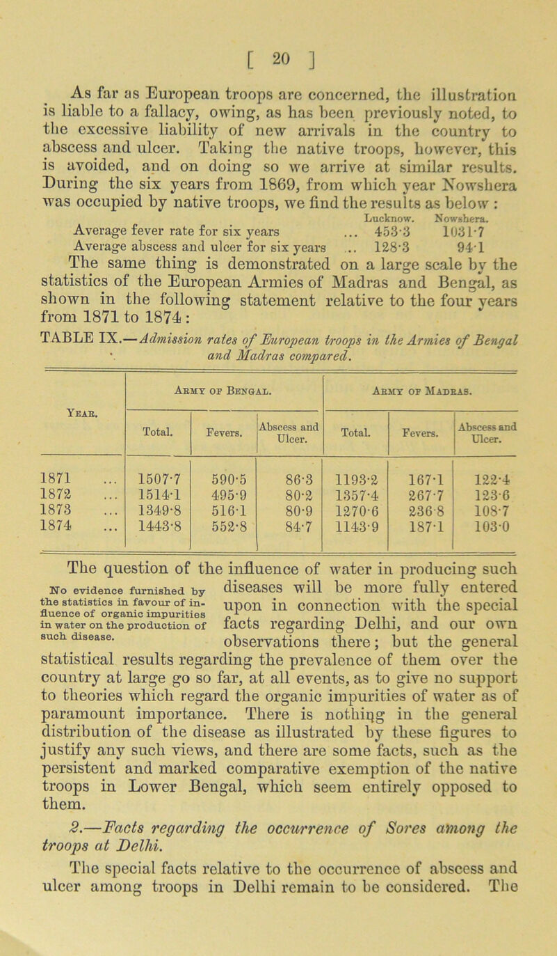 As far as European troops are concerned, the illustration is liable to a fallacy, owing, as has been previously noted, to the excessive liability of new arrivals in the country to abscess and ulcer. Taking the native troops, however, this is avoided, and on doing so we arrive at similar results. During the six years from 1869, from which year Nowshera was occupied by native troops, we find the results as below : Lucknow. Nowshera. Average fever rate for six years ... 453-3 1031-7 Average abscess and ulcer for six years ... 128-3 94-1 The same thing is demonstrated on a large scale by the statistics of the European Armies of Madras and Bengal, as shown in the following statement relative to the four years from 1871 to 1874 : TABLE IX.—Admission rates of Mitropean troops in the Armies of Bengal -. and Madras compared. Yeab. Aemt op Bengal. Aemy op Madeas. Total. Fevers. Abscess and Ulcer. Total. Fevers. Abscess and Ulcer. 1871 1507-7 590-5 86-3 1193-2 167-1 122-4 1872 1514-1 495-9 80-2 1357-4 267-7 123-6 1873 1349-8 516-1 80-9 1270-6 236-8 108-7 1874 1443-8 552-8 84-7 1143-9 187-1 103-0 The question of the influence of water in producing such No evidence fiirnished by discascs will bc moi’c fully entered tbe statistics in favour of in- upou in conncction with thc spccial in water on tbe production of lacts regarding Delhi, and our own sucb disease. observations there; but the general statistical results regarding the prevalence of them over the country at large go so far, at all events, as to give no support to theories which regard the organic impurities of water as of paramount importance. There is nothirig in the general distribution of the disease as illustrated by these figures to justify any such views, and there are some facts, such as the persistent and marked comparative exemption of the native troops in Lower Bengal, which seem entirely opposed to them. 2.— 'Facts regarding the occurrence of Sores among the troops at Delhi. The special facts relative to the occurrence of abscess and ulcer among troops in Delhi remain to be considered. The