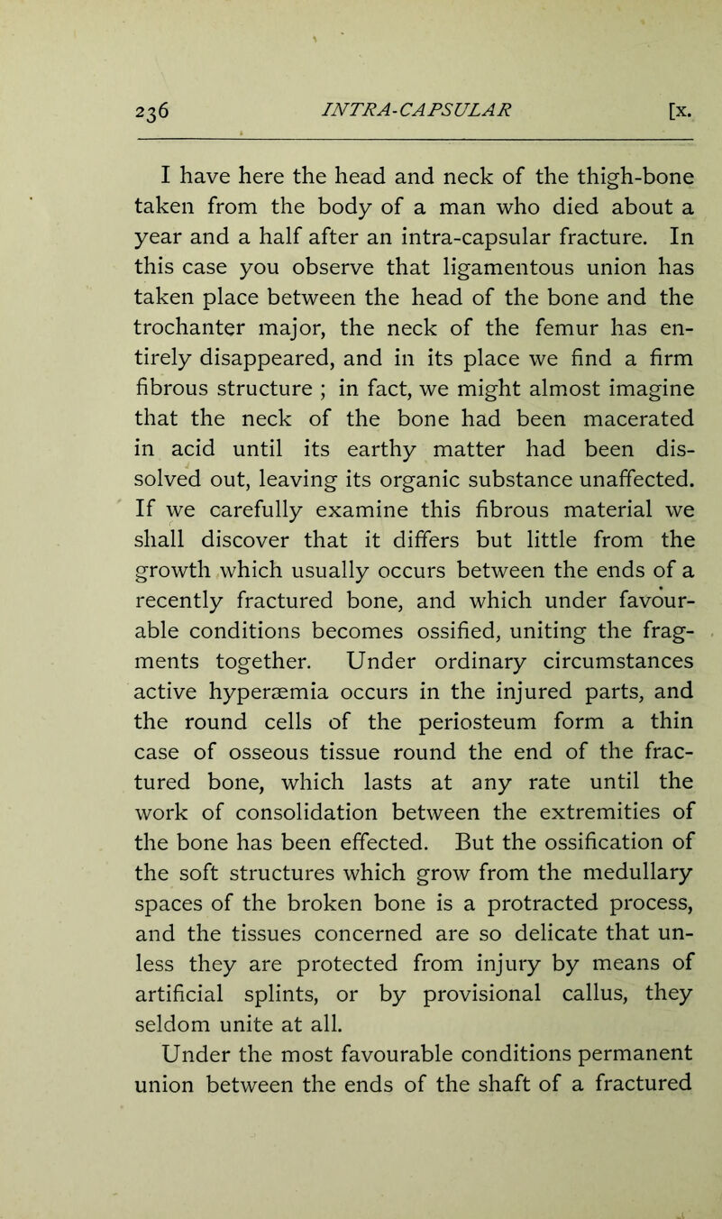 I have here the head and neck of the thigh-bone taken from the body of a man who died about a year and a half after an intra-capsular fracture. In this case you observe that ligamentous union has taken place between the head of the bone and the trochanter major, the neck of the femur has en- tirely disappeared, and in its place we find a firm fibrous structure ; in fact, we might almost imagine that the neck of the bone had been macerated in acid until its earthy matter had been dis- solved out, leaving its organic substance unaffected. If we carefully examine this fibrous material we shall discover that it differs but little from the growth which usually occurs between the ends of a recently fractured bone, and which under favour- able conditions becomes ossified, uniting the frag- ments together. Under ordinary circumstances active hyperaemia occurs in the injured parts, and the round cells of the periosteum form a thin case of osseous tissue round the end of the frac- tured bone, which lasts at any rate until the work of consolidation between the extremities of the bone has been effected. But the ossification of the soft structures which grow from the medullary spaces of the broken bone is a protracted process, and the tissues concerned are so delicate that un- less they are protected from injury by means of artificial splints, or by provisional callus, they seldom unite at all. Under the most favourable conditions permanent union between the ends of the shaft of a fractured