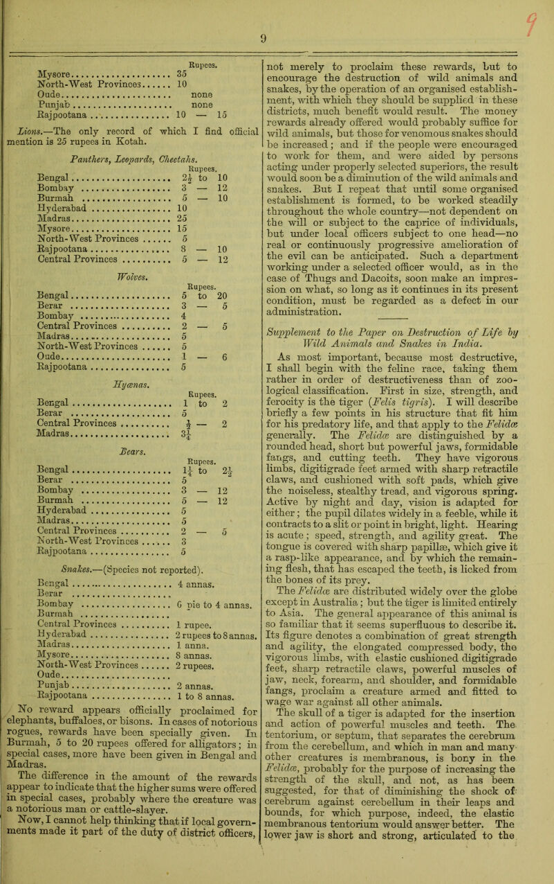 9 Mysore Rupees. ...35 North-West Provinces... ...10 Oude Punjab Rajpootana Lions.—The only record of which I find official mention is 25 rupees in Kotah. Panthers, Leopards. Cheetahs. Bengal Rupees. Bombay Burmah ... 5 — 10 Hyderabad ...10 Madras ...25 Mysore North-West Provinces ... ... 5 Rajpootana Central Provinces Wolves. Bengal Rupees. Berar Bombay Central Provinces Madras North-West Provinces ... ... 5 Oude RajDootana Hycenas. Bengal Rupees. Berar Central Provinces ... i— 2 Madras Lears. Bengal Rupees. Berar Bombay Burmah Hyderabad Madras Central Provinces North-West Provinces ... 3 Rajpootana Snakes.—(Species not reported). Bengal Berar Bombay Burmah Central Provinces Hyderabad Madras Mysore North-West Provinces ... Oude Punjab Rajpootana No reward appears officially proclaimed for elephants, buffaloes, or bisons. In cases of notorious rogues, rewards have been specially given. In Burmah, 5 to 20 rupees offered for alligators; in special cases, more have been given in Ben oral and Madras. The difference in the amount of the rewards appear to indicate that the higher sums were offered in special cases, probably where the creature was a notorious man or cattle-slayer. Now, I cannot help thinking tha.t if lpcal govern- ments made it part of the duty of district officers, not merely to proclaim these rewards, but to encourage the destruction of wild animals and snakes, by the operation of an organised establish- ment, with which they should be supplied in these districts, much benefit would result. The money rewards already offered would probably suffice for wild animals, but those for venomous snakes should be increased; and if the people were encouraged to work for them, and were aided by persons acting under properly selected superiors, the result would soon be a diminution of the wild animals and snakes. But I repeat that until some organised establishment is formed, to be worked steadily throughout the whole country—not dependent on the will or subject to the caprice of individuals, but under local officers subject to one head—no real or continuously progressive amelioration of the evil can be anticipated. Such a department working under a selected officer would, as in the case of Thugs and Dacoits, soon make an impres- sion on what, so long as it continues in its present condition, must be regarded as a defect in our administration. Supplement to the Paper on Destruction of Life by Wild Animals and Snakes in India. As most important, because most destructive, I shall begin with the feline race, taking them rather in order of destructiveness than of zoo- logical classification. First in size, strength, and ferocity is the tiger {Felis tigris). I will describe briefly a few points in his structure that fit him for his predatory life, and that apply to the Felidae generally. The Felidae are distinguished by a rounded head, short but powerful jaws, formidable fangs, and cutting teeth. They have vigorous limbs, digitigrade feet armed with sharp retractile claws, and cushioned with soft pads, which give the noiseless, stealthy tread, and vigorous spring. Active by night and day, vision is adapted for either; the pupil dilates widely in a feeble, while it contracts to a slit or point in bright, light. Hearing is acute ; speed, strength, and agility great. The tongue is covered with sharp papillae, which give it a rasp-like appearance, and by which the remain- ing flesh, that has escaped the teeth, is licked from the bones of its prey. The Felidae are distributed widely over the globe except in Australia; but the tiger is limited entirely to Asia. The general appearance of this animal is so familiar that it seems superfluous to describe it. Its figure denotes a combination of great strength and agility, the elongated compressed body, the vigorous limbs, with elastic cushioned digitigrade feet, sharp retractile claws, powerful muscles of jaw, neck, forearm, and shoulder, and formidable fangs, proclaim a creature armed and fitted to wage war against all other animals. The skull of a tiger is adapted for the insertion and action of powerful muscles and teeth. The tentorium, or septum, that separates the cerebrum from the cerebellum, and which in man and many other creatures is membranous, is bony in the Felidae, probably for the purpose of increasing the strength of the skull, and not, as has been suggested, for that of diminishing the shock of cerebrum against cerebellum in their leaps and bounds, for which purpose, indeed, the elastic membranous tentorium would answer better. The lower jaw is short and strong, articulated to the